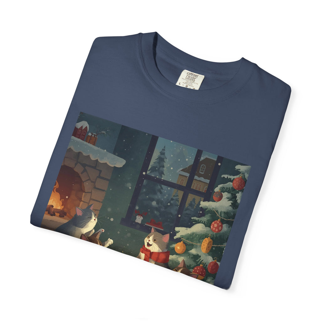 Cozy Cat Campfire T-shirt, Unisex Garment-Dyed Tee, Holiday Gift, Cat Lover Gift, Cute Winter T-shirt, Cozy Nightwear, Christmas Shirt