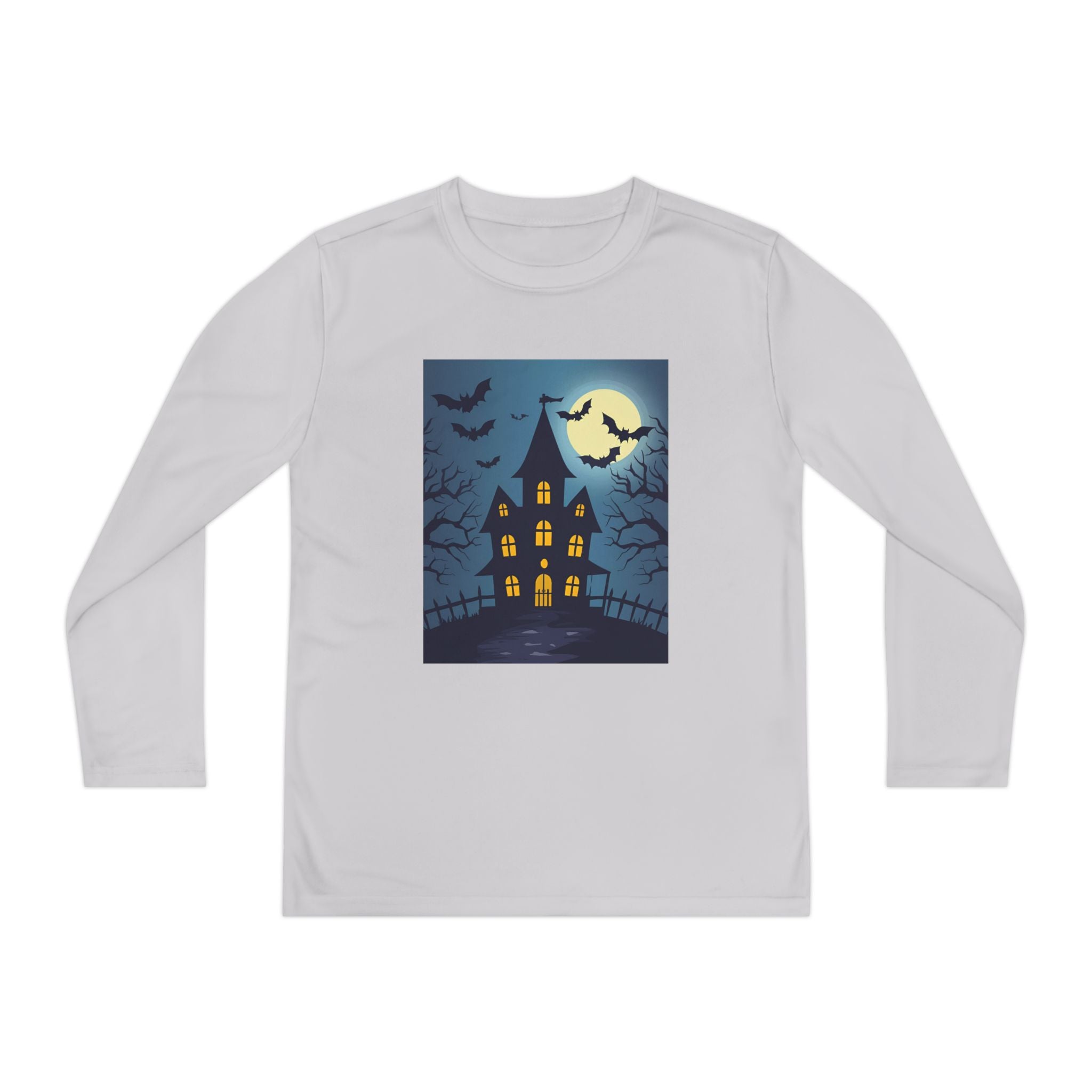 Halloween Haunted House Youth Long Sleeve Tee, Halloween Shirt, Spooky Tee, Ghostly Nightwear, Fall Apparel, Kids Halloween Costume