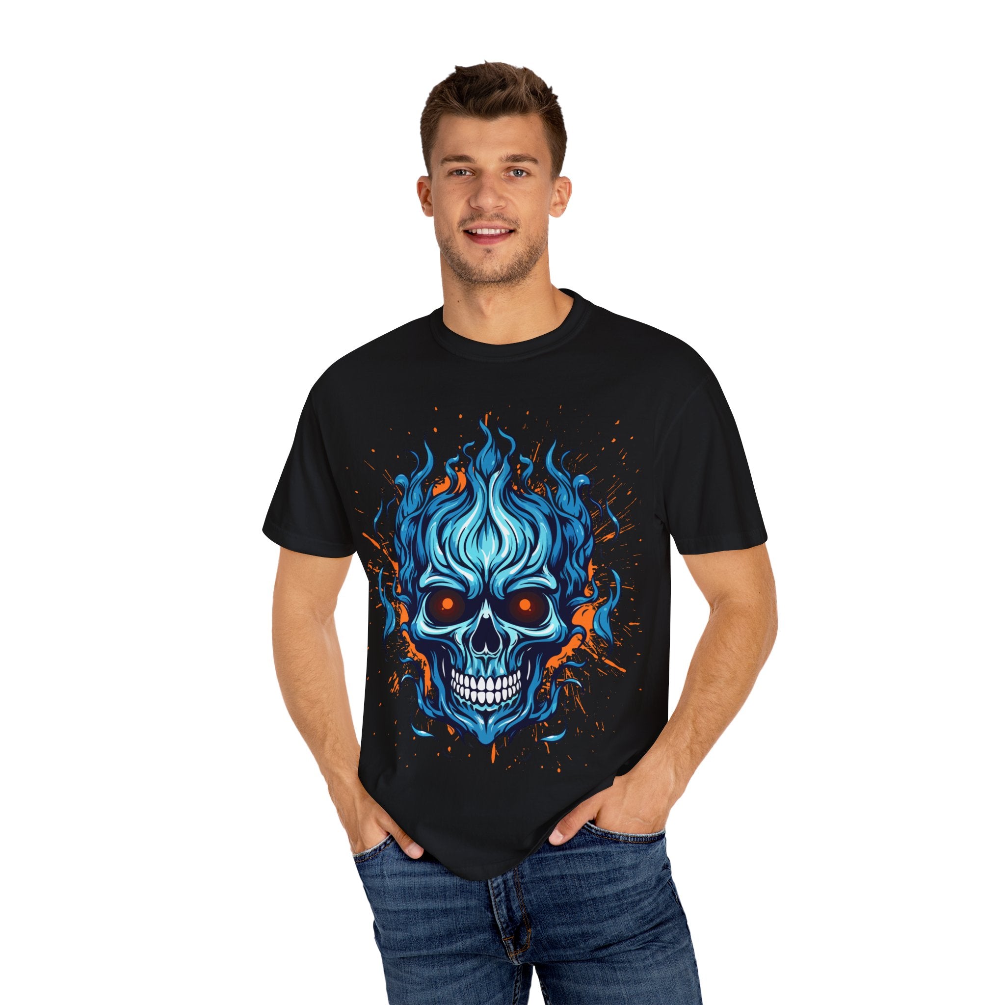 Flame Skull Graphic T-Shirt | Unisex Apparel for Rock Lovers, Halloween Costume, Edgy Style, Concert Fashion, Gift for Him/Her