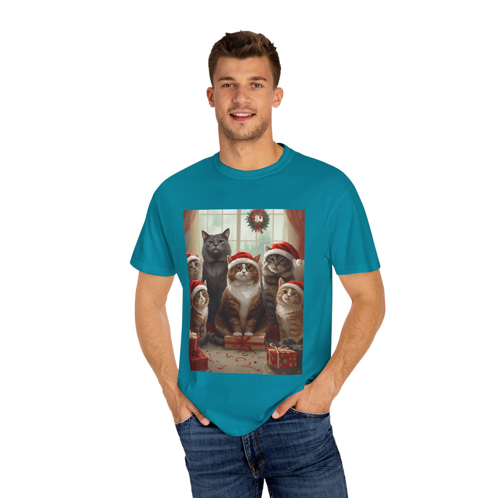 Cute Festive Funny Christmas Cat T-Shirt, Holiday Gift for Cat Lovers, Cute Tee for Winter, Unisex Garment-Dyed Shirt, Christmas Apparel, Festive Outfit