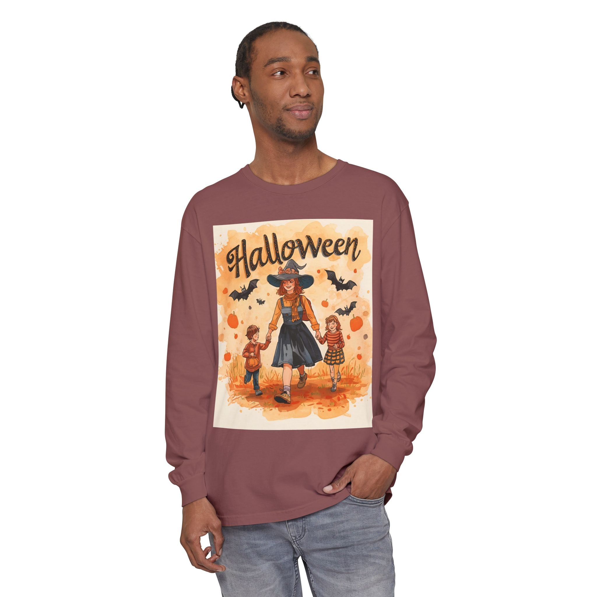 Halloween Themed Mom And Children Unisex Garment-dyed Long Sleeve T-Shirt