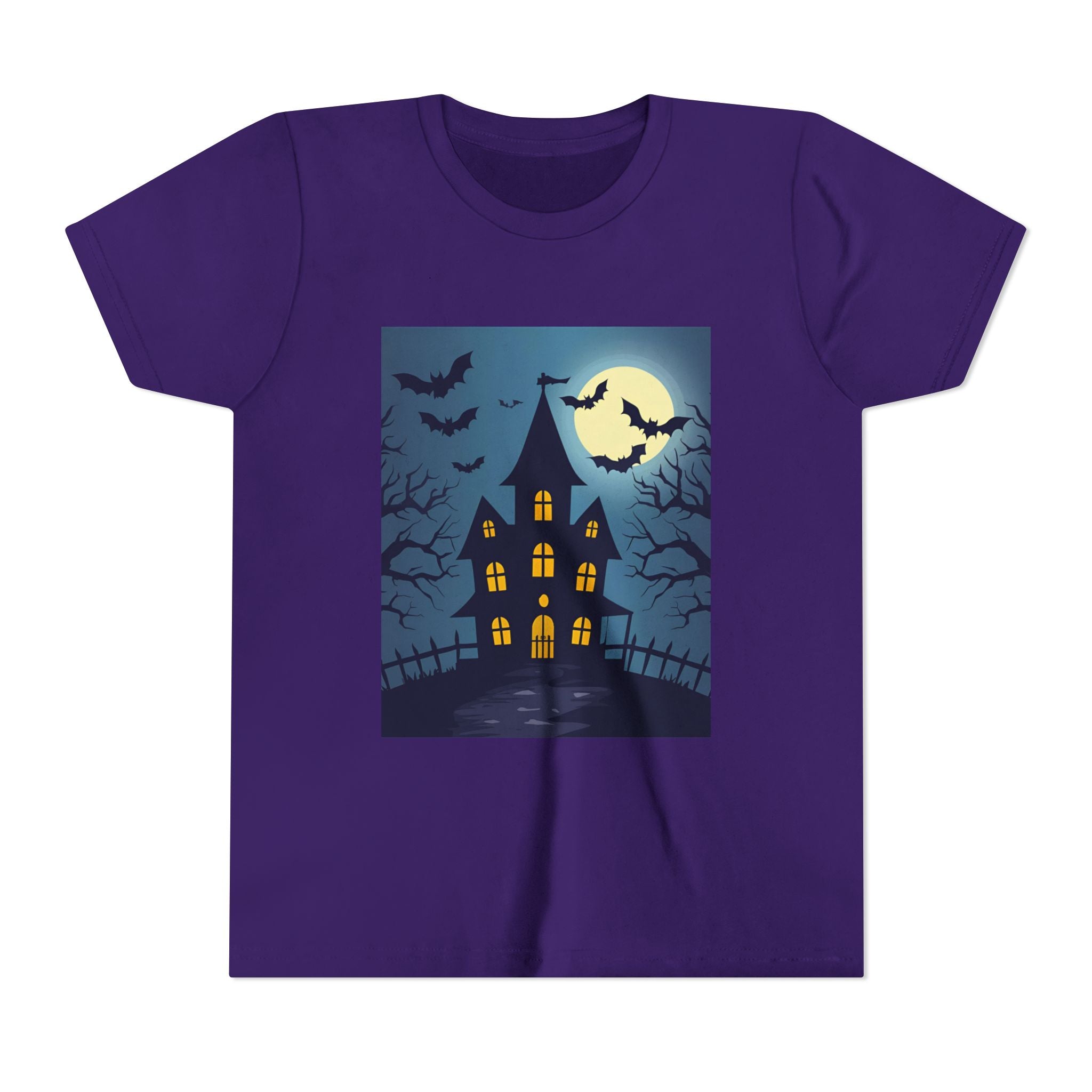 Spooky Halloween Haunted House Youth Tee, Kids Ghost T-Shirt, Haunted House Apparel, Bat Design Shirt, Trick or Treat Clothing