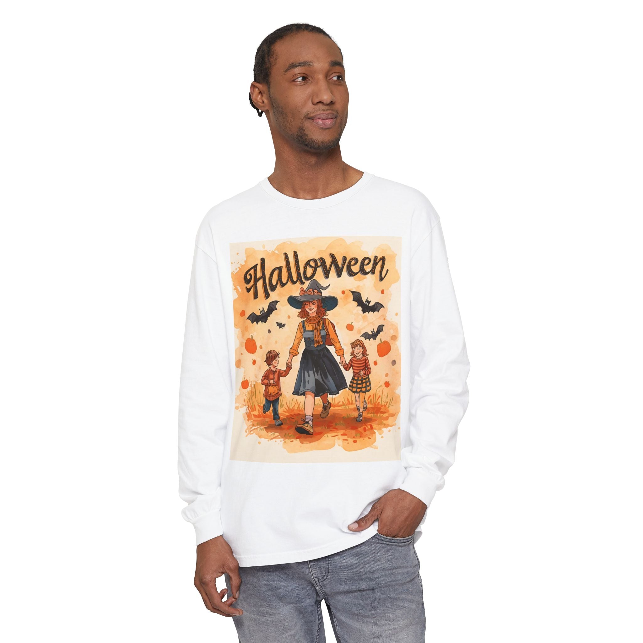 Halloween Themed Mom And Children Unisex Garment-dyed Long Sleeve T-Shirt