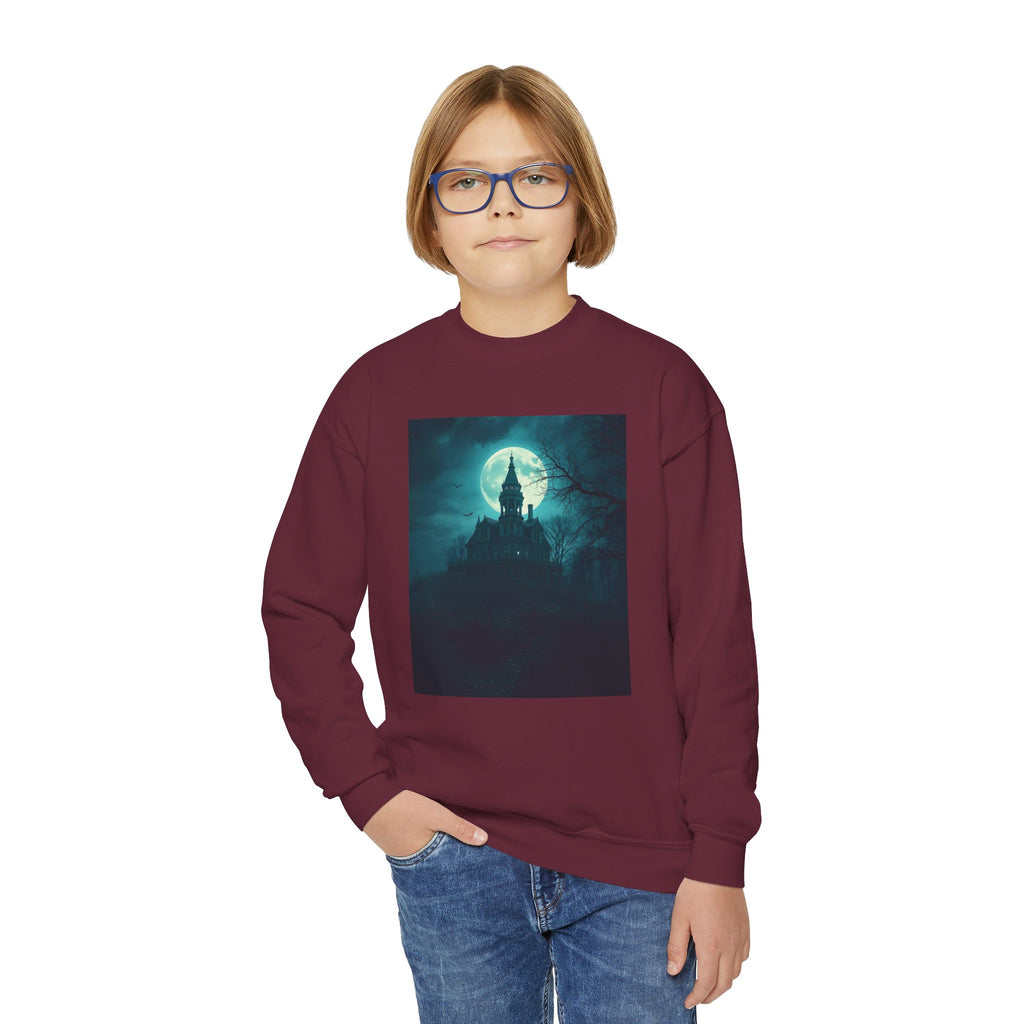 Haunted Moonlight Spooky Castle Youth Crewneck Sweatshirt | Halloween Gift, Cozy Sweatshirt for Kids, Unique Graphic Sweatshirt, Autumn Wardrobe Essential