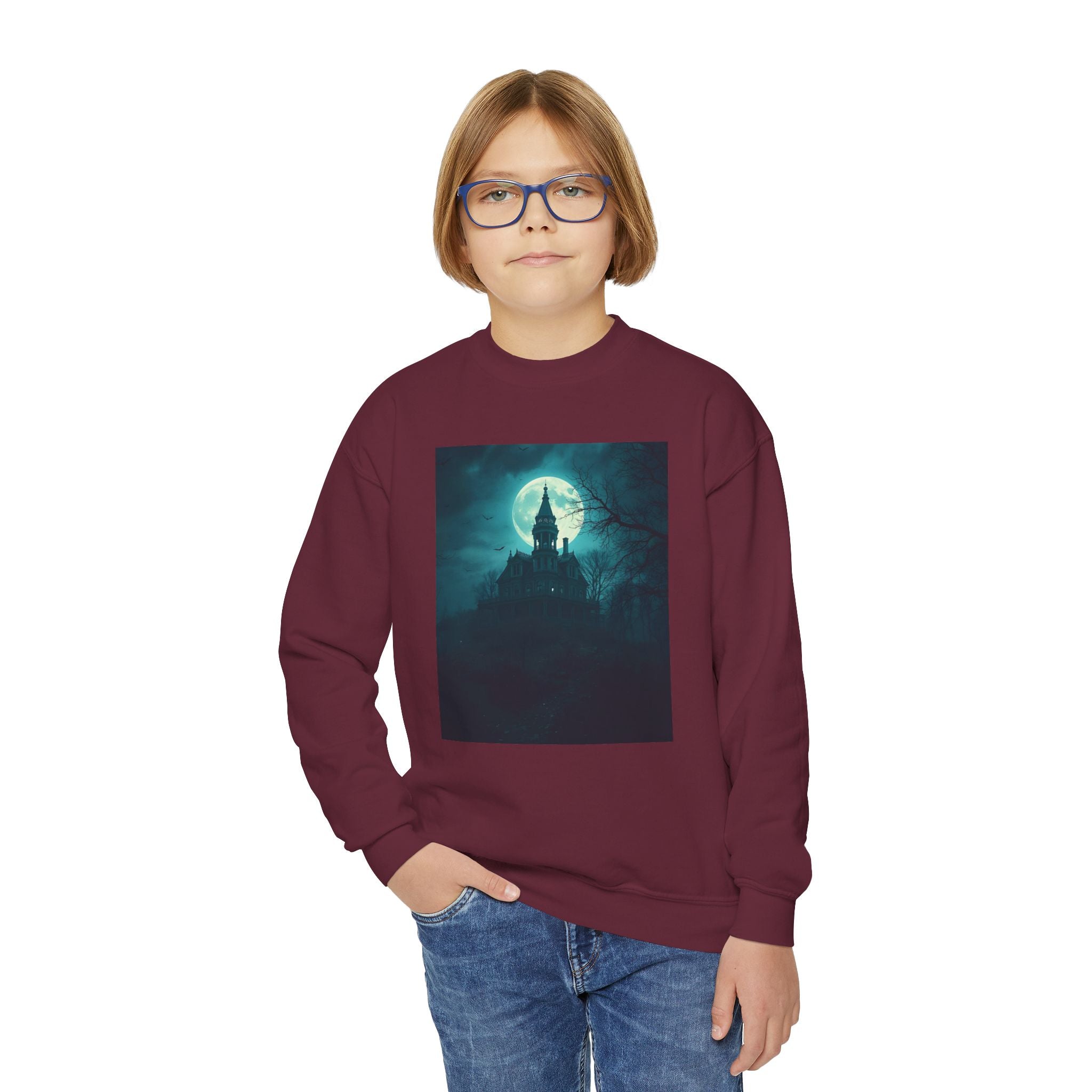 Haunted Moonlight Spooky Castle Youth Crewneck Sweatshirt | Halloween Gift, Cozy Sweatshirt for Kids, Unique Graphic Sweatshirt, Autumn Wardrobe Essential
