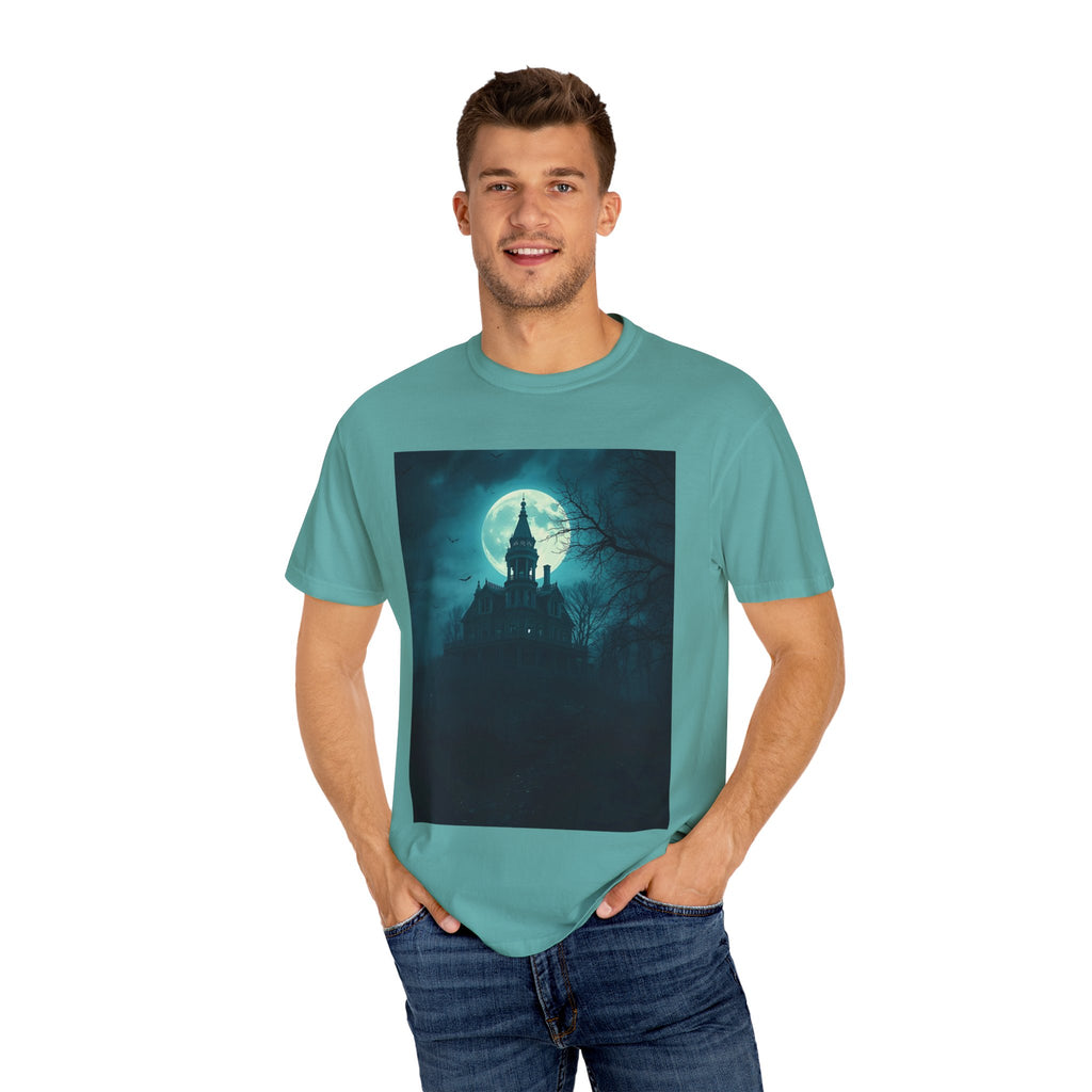 Haunted Moonlight Spooky Castle Graphic Tee | Unisex Garment-Dyed T-shirt, Halloween Shirt, Graphic Tee, Casual Wear, Gift for Ghost Lovers