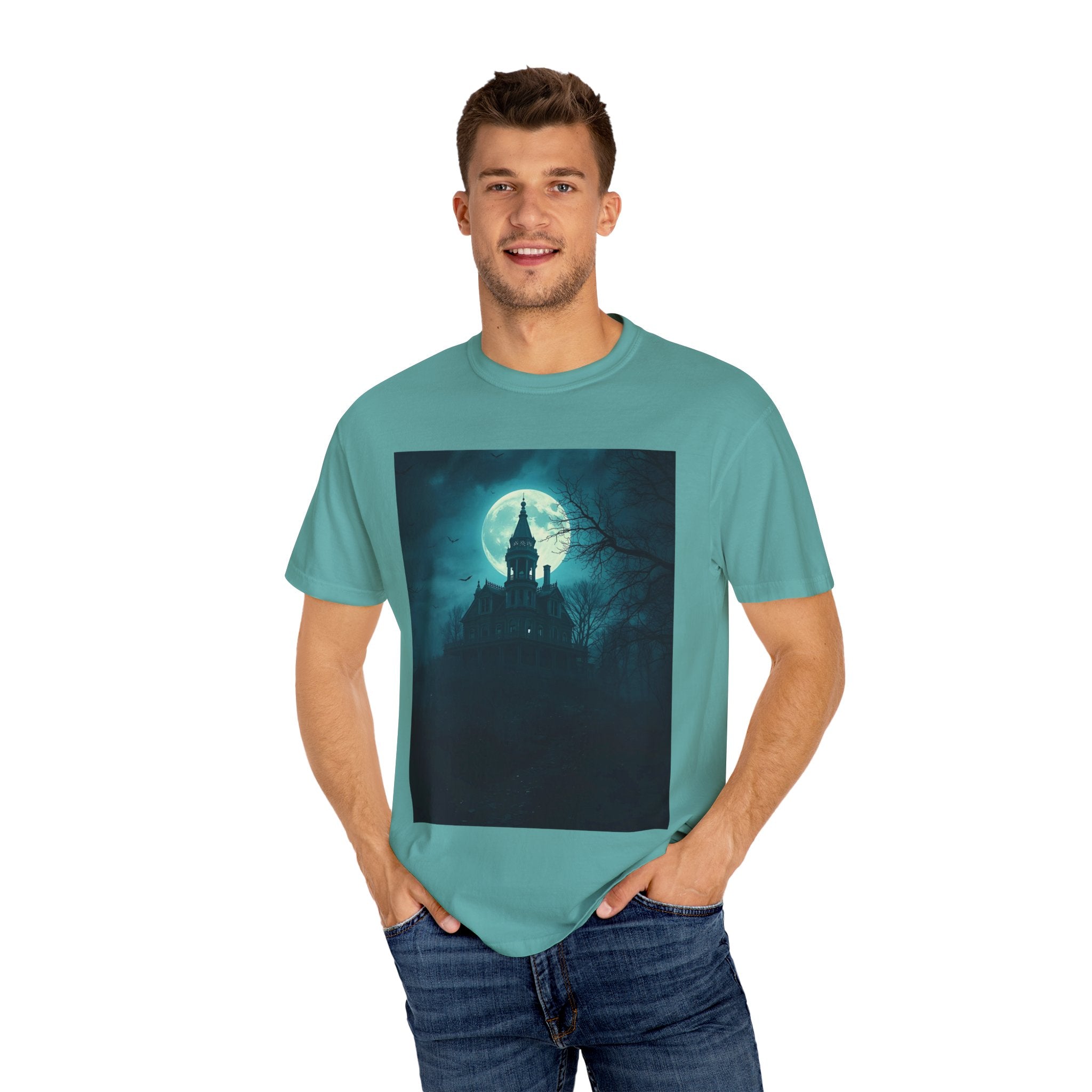 Haunted Moonlight Spooky Castle Graphic Tee | Unisex Garment-Dyed T-shirt, Halloween Shirt, Graphic Tee, Casual Wear, Gift for Ghost Lovers