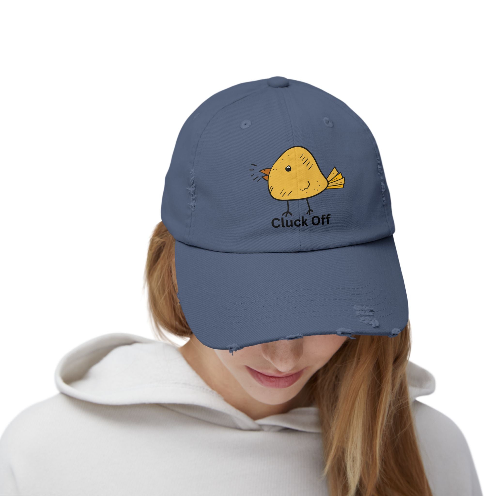 Quirky Distressed Cap with 'Cluck Off' Design - Fun Gift for Bird Lovers, Casual Wear, Summer Accessory, Unique Hat, Funny Cap