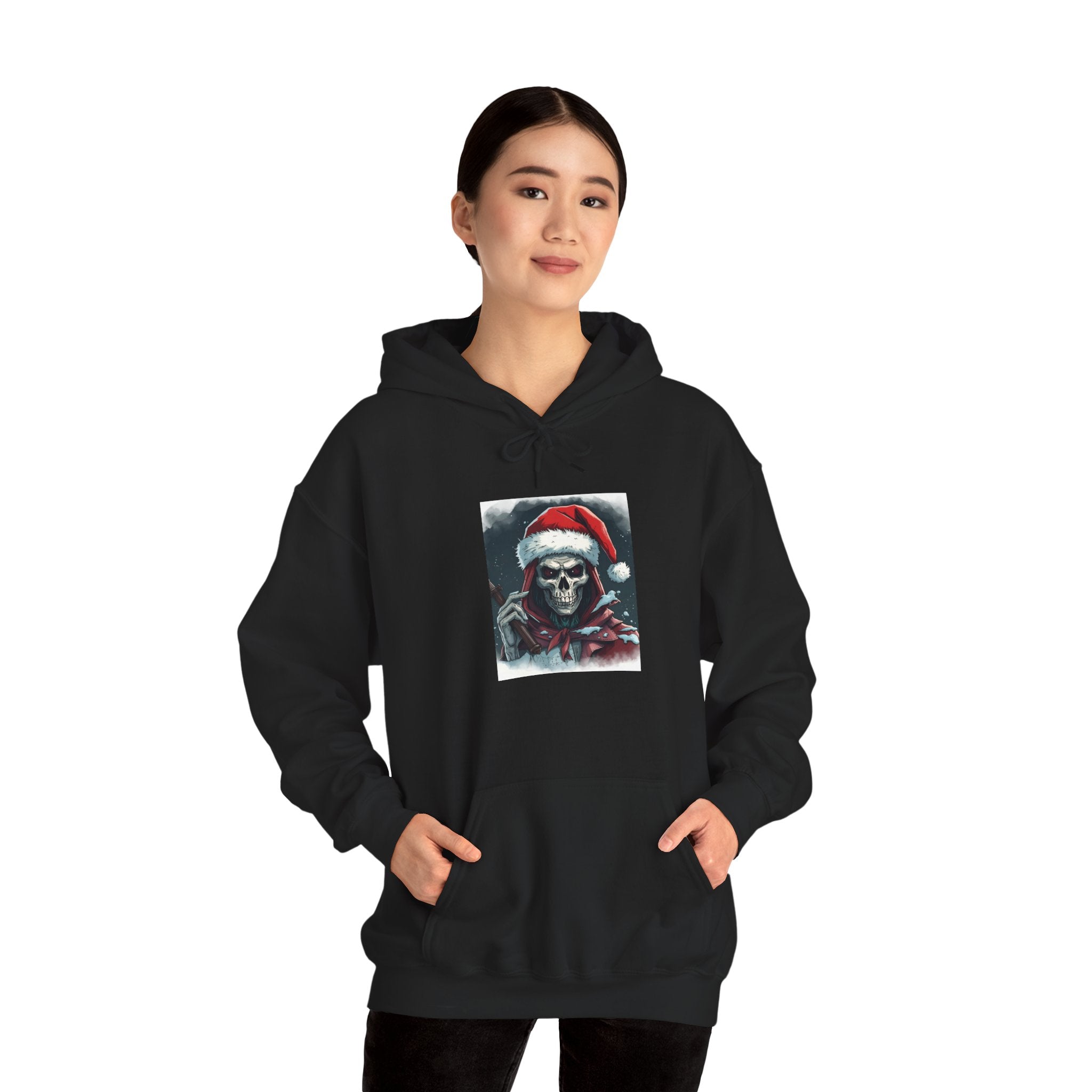 Santa Skull Hoodie, Unisex Heavy Blend Sweatshirt, Halloween Christmas Gift, Cozy Holiday Apparel, Unique Graphic Sweatshirt