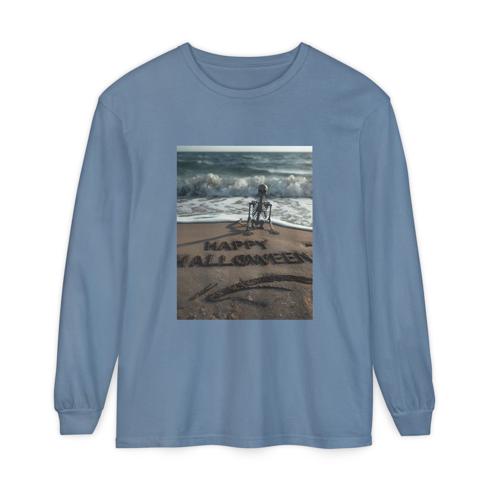 Happy Halloween Beach Skeleton Vibes Unisex Garment-dyed Long Sleeve T-Shirt