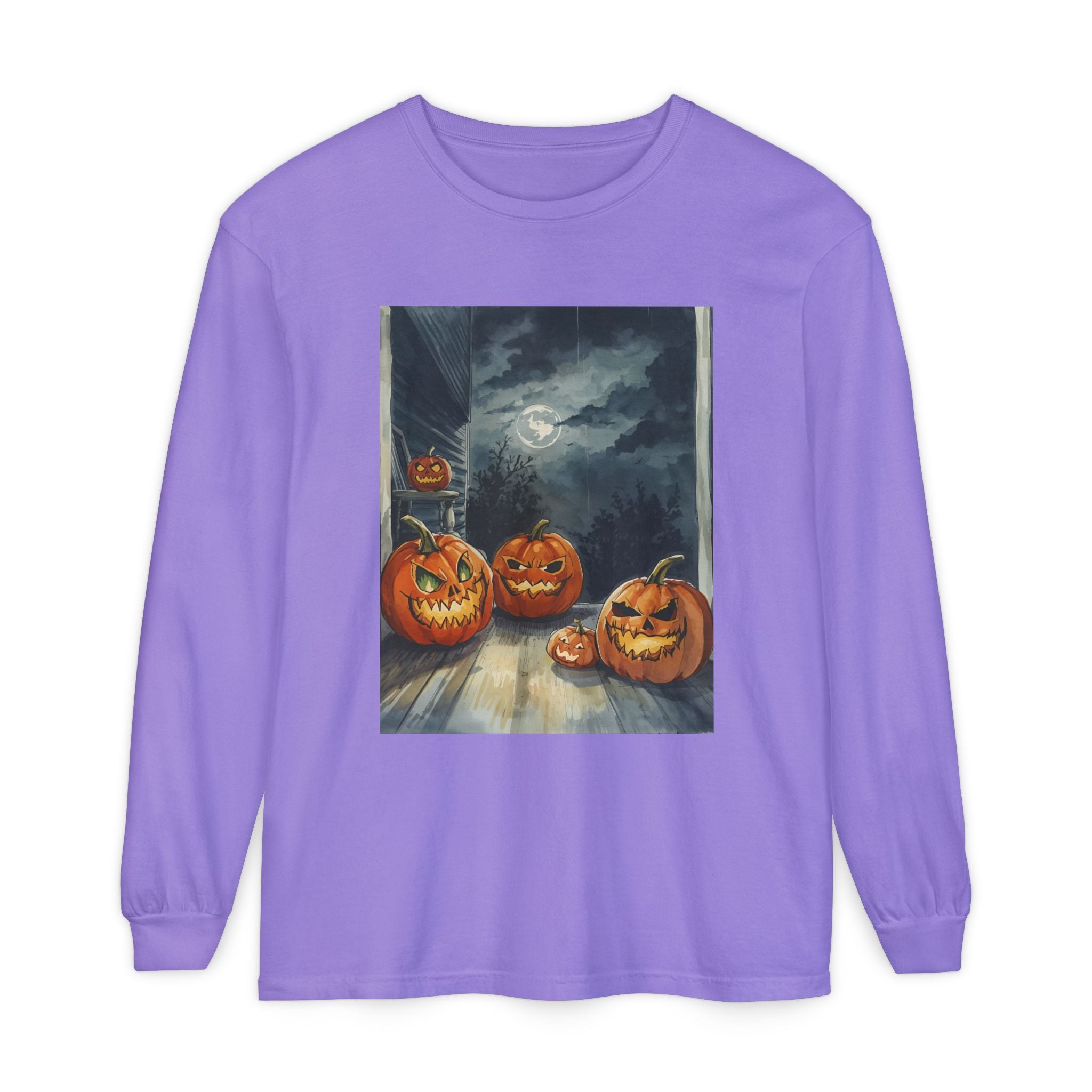 Halloween Pumpkin Scary Unisex Garment-dyed Long Sleeve T-Shirt