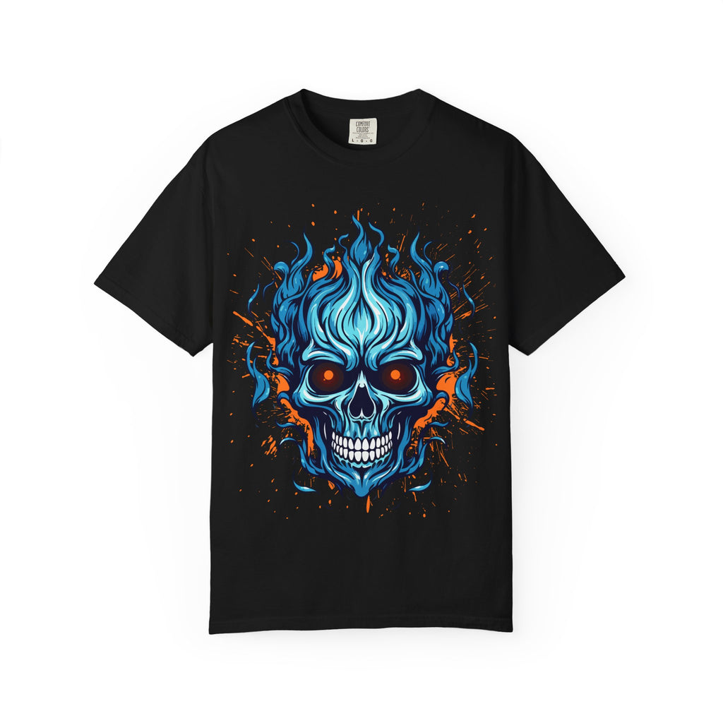 Flame Skull Graphic T-Shirt | Unisex Apparel for Rock Lovers, Halloween Costume, Edgy Style, Concert Fashion, Gift for Him/Her