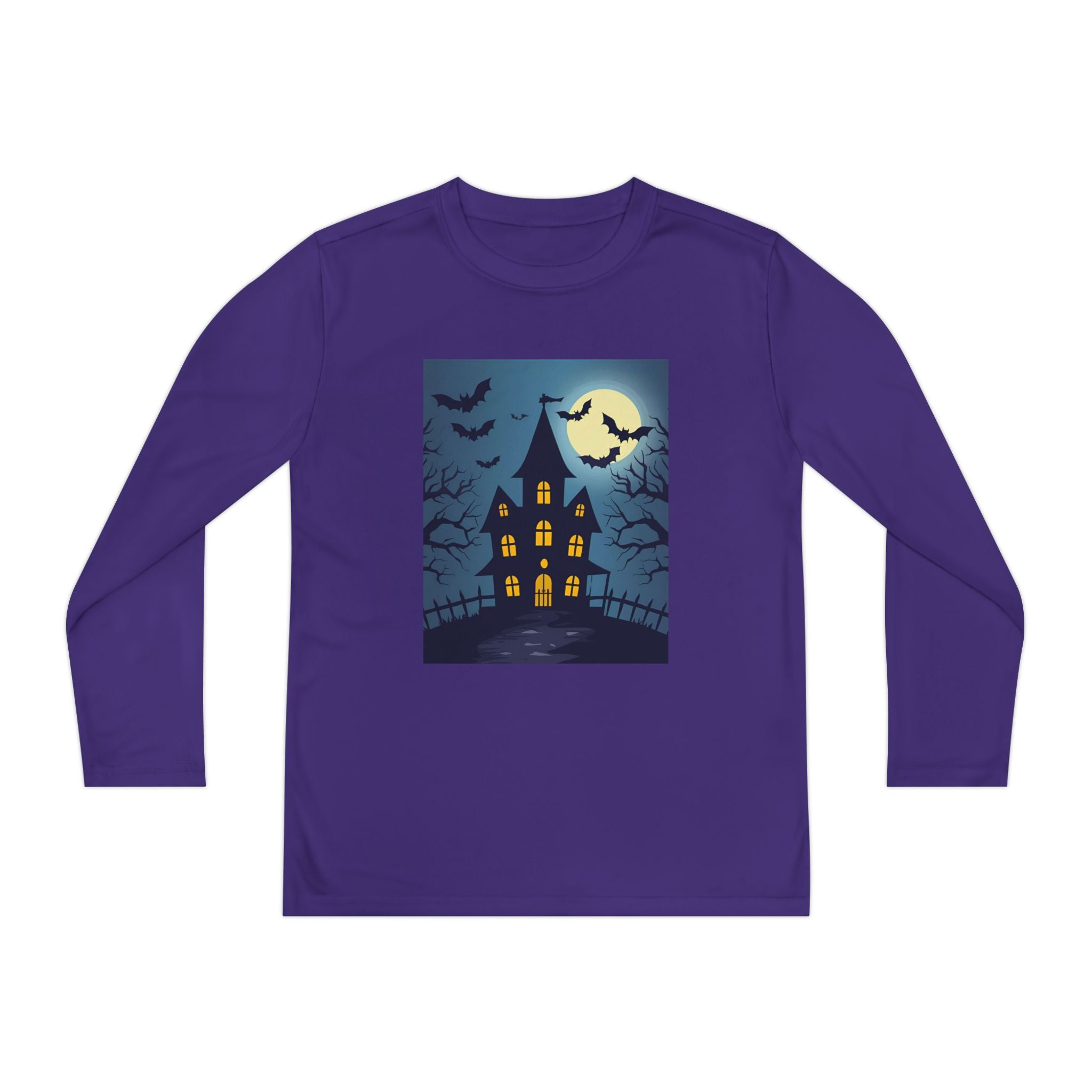 Halloween Haunted House Youth Long Sleeve Tee, Halloween Shirt, Spooky Tee, Ghostly Nightwear, Fall Apparel, Kids Halloween Costume