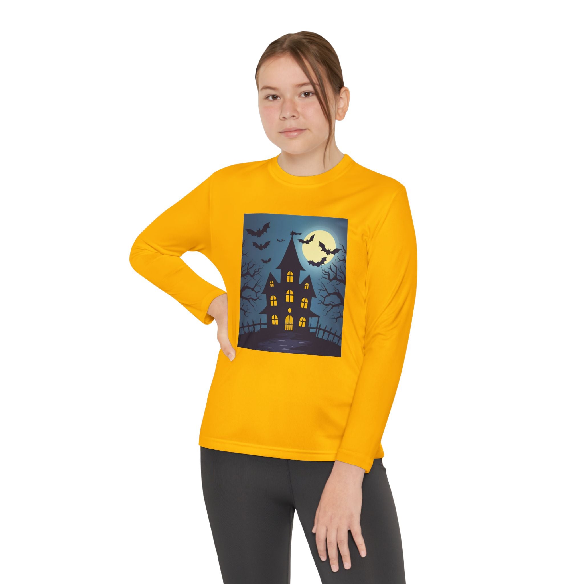 Halloween Haunted House Youth Long Sleeve Tee, Halloween Shirt, Spooky Tee, Ghostly Nightwear, Fall Apparel, Kids Halloween Costume