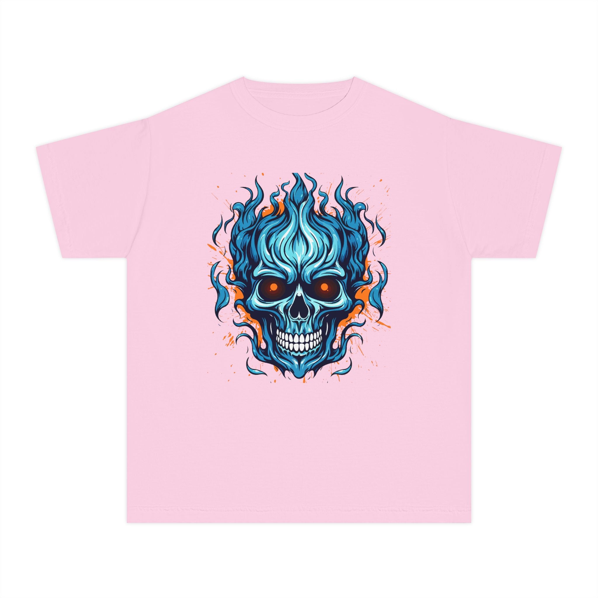 Skull Flame Youth Graphic Skull Tee, Cool Teen Fashion, Edgy Summer Wear, Halloween Costume, Unique Gift for Kids, Casual Everyday Style