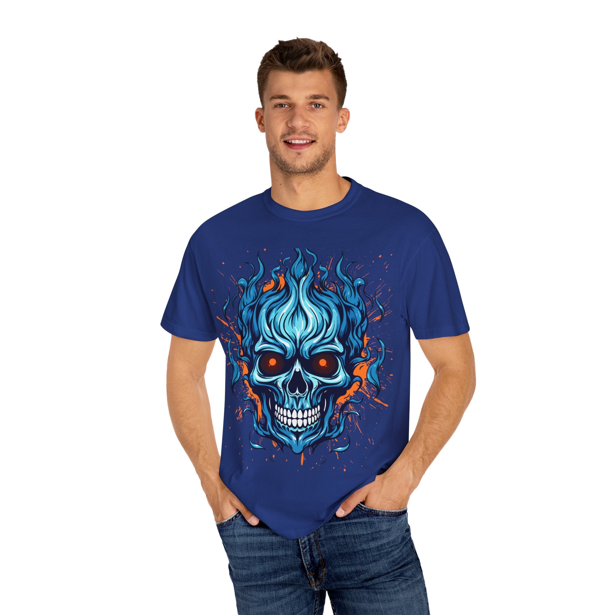 Flaming Skull T-Shirt, Unisex Graphic Tee, Edgy Casual Wear, Halloween Apparel, Gift for Rock Music Fans