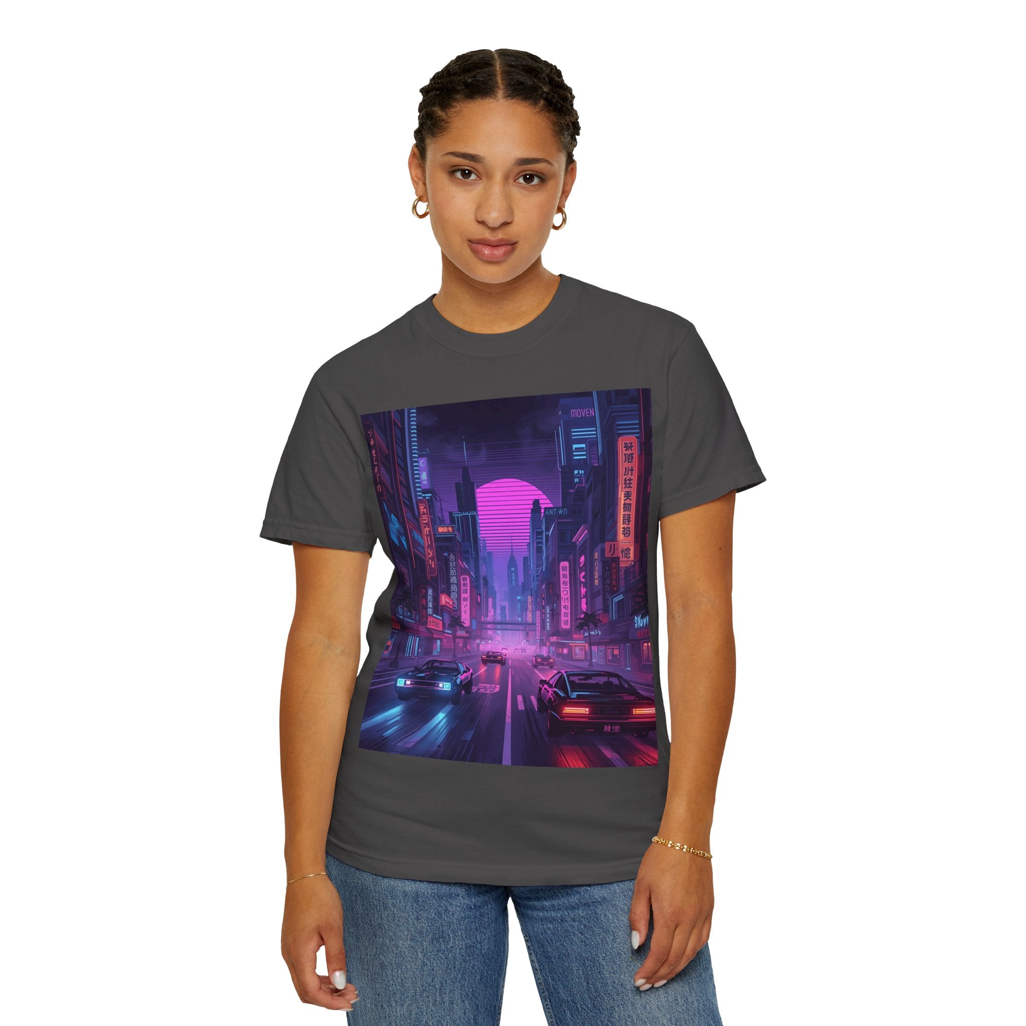 Futuristic Neon Cityscape T-Shirt, Retro Graphic Tee, Unisex Streetwear, Urban Vibe Shirt, Gift for Gamers, Summer Outfit