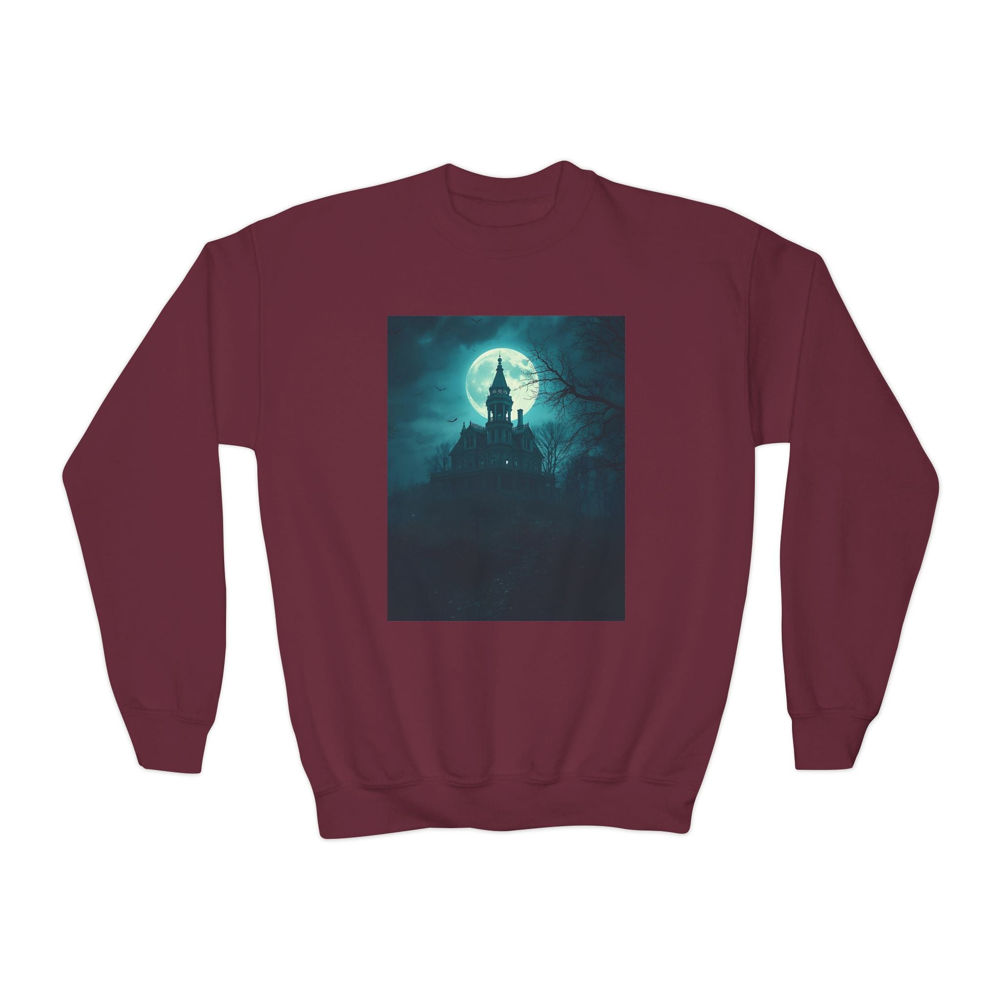 Haunted Moonlight Spooky Castle Youth Crewneck Sweatshirt | Halloween Gift, Cozy Sweatshirt for Kids, Unique Graphic Sweatshirt, Autumn Wardrobe Essential