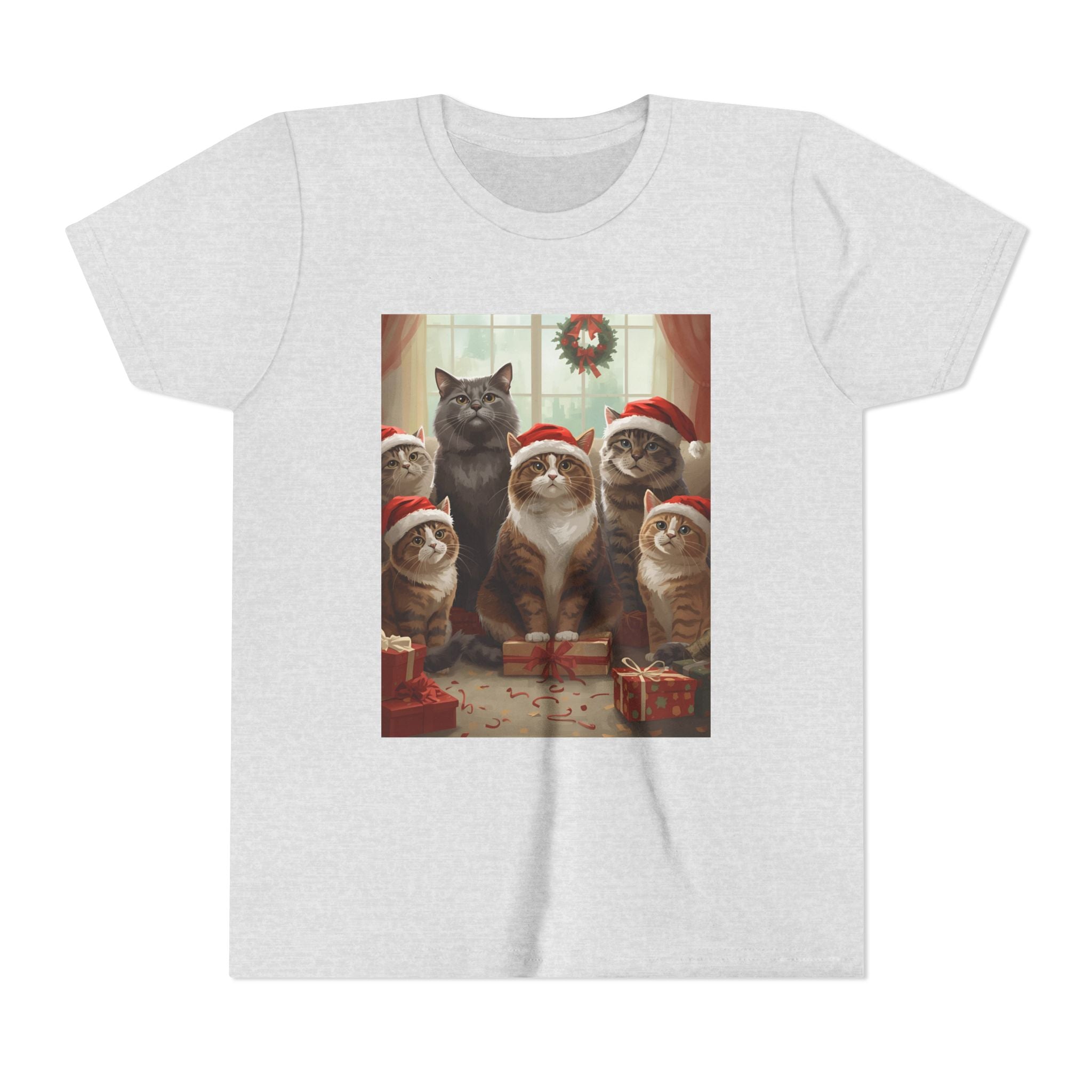 Cute Festive Christmas Cat Youth Short Sleeve Tee