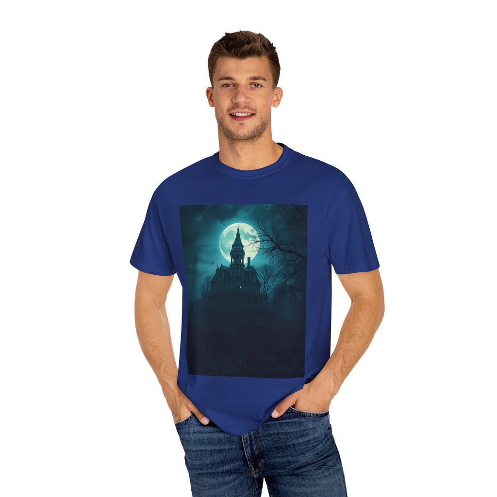 Haunted Moonlight Spooky Castle Graphic Tee | Unisex Garment-Dyed T-shirt, Halloween Shirt, Graphic Tee, Casual Wear, Gift for Ghost Lovers