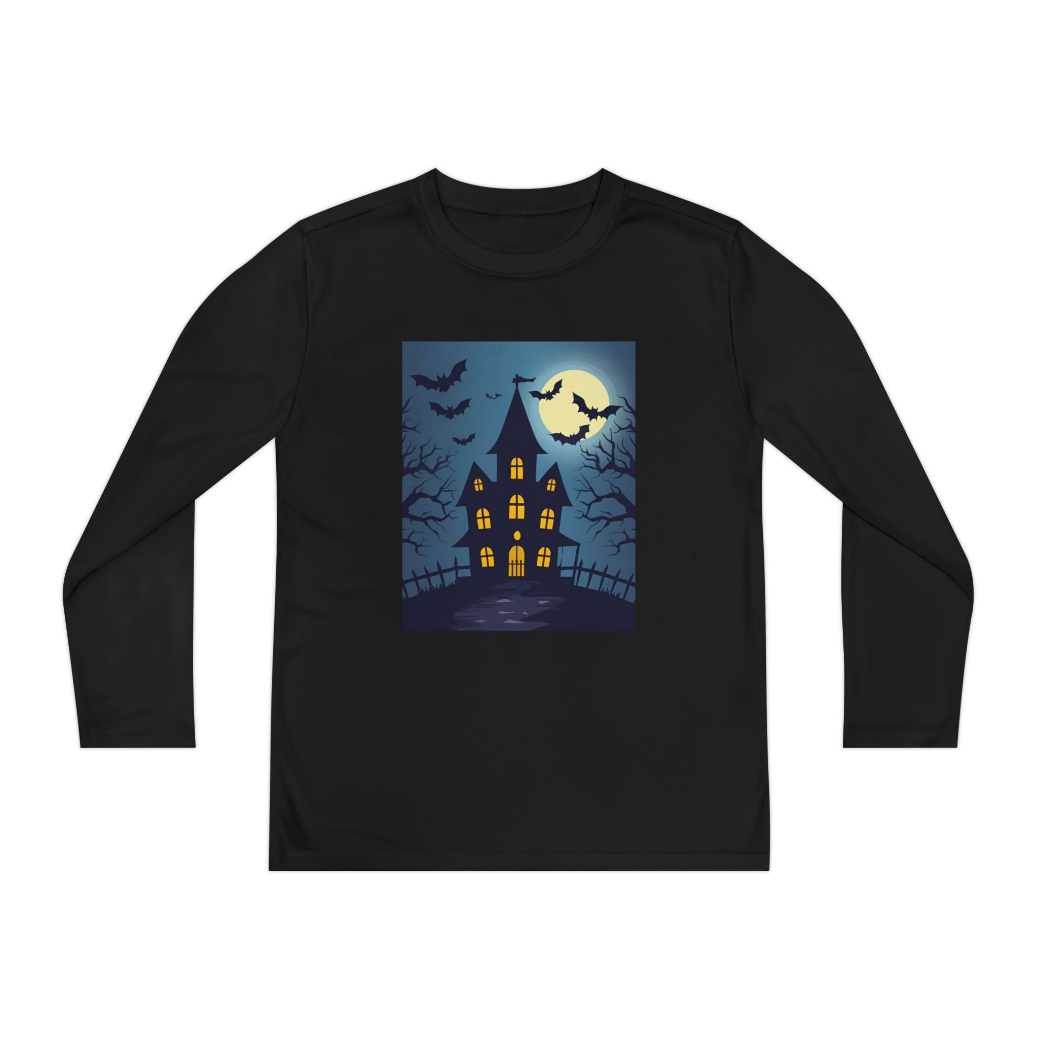 Halloween Haunted House Youth Long Sleeve Tee, Halloween Shirt, Spooky Tee, Ghostly Nightwear, Fall Apparel, Kids Halloween Costume