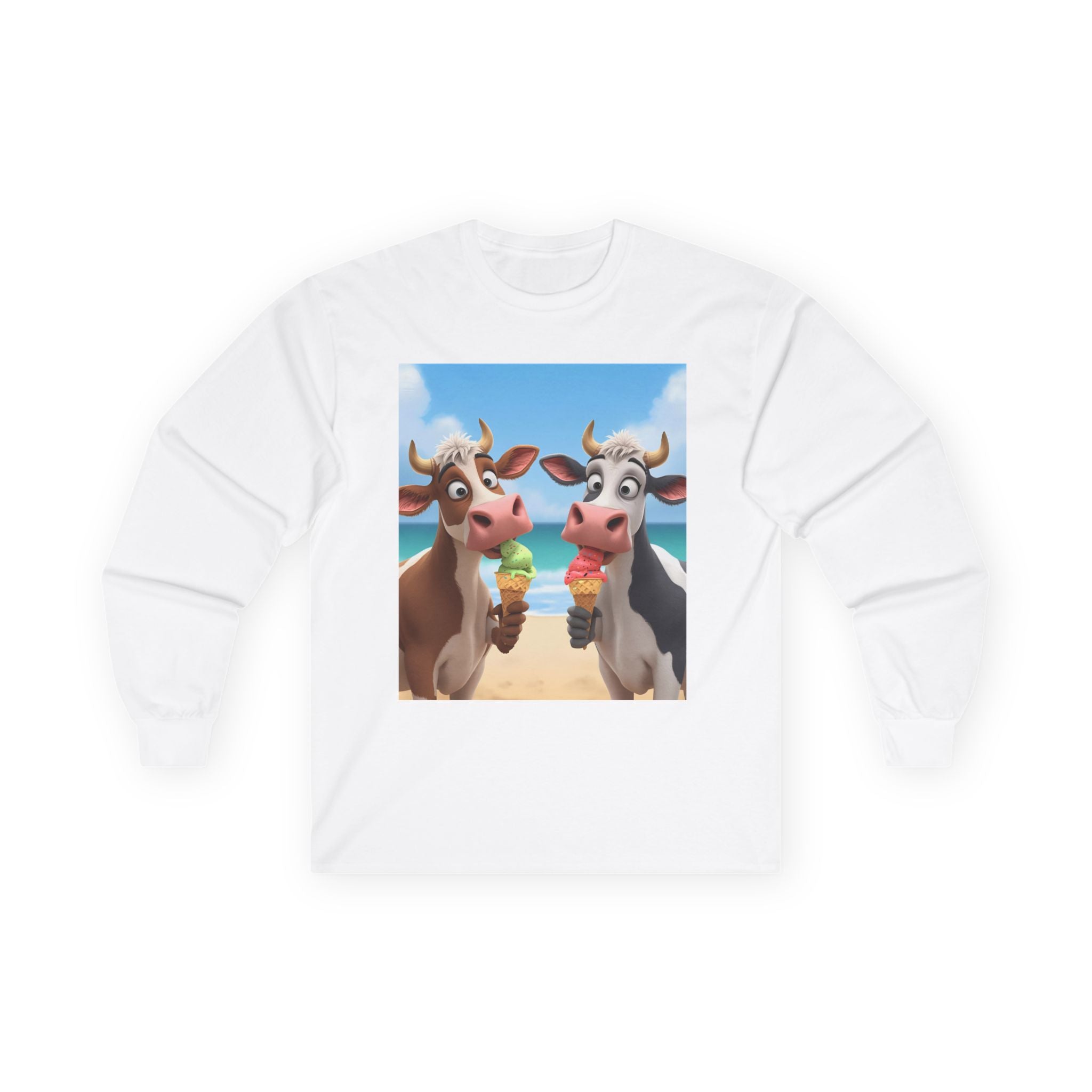 Funny Beach Cow Graphic Long Sleeve Tee, Cute Animal T-Shirt for Kids, Ice Cream Lover Gift, Summer Beach Apparel, Dairy Product Humor