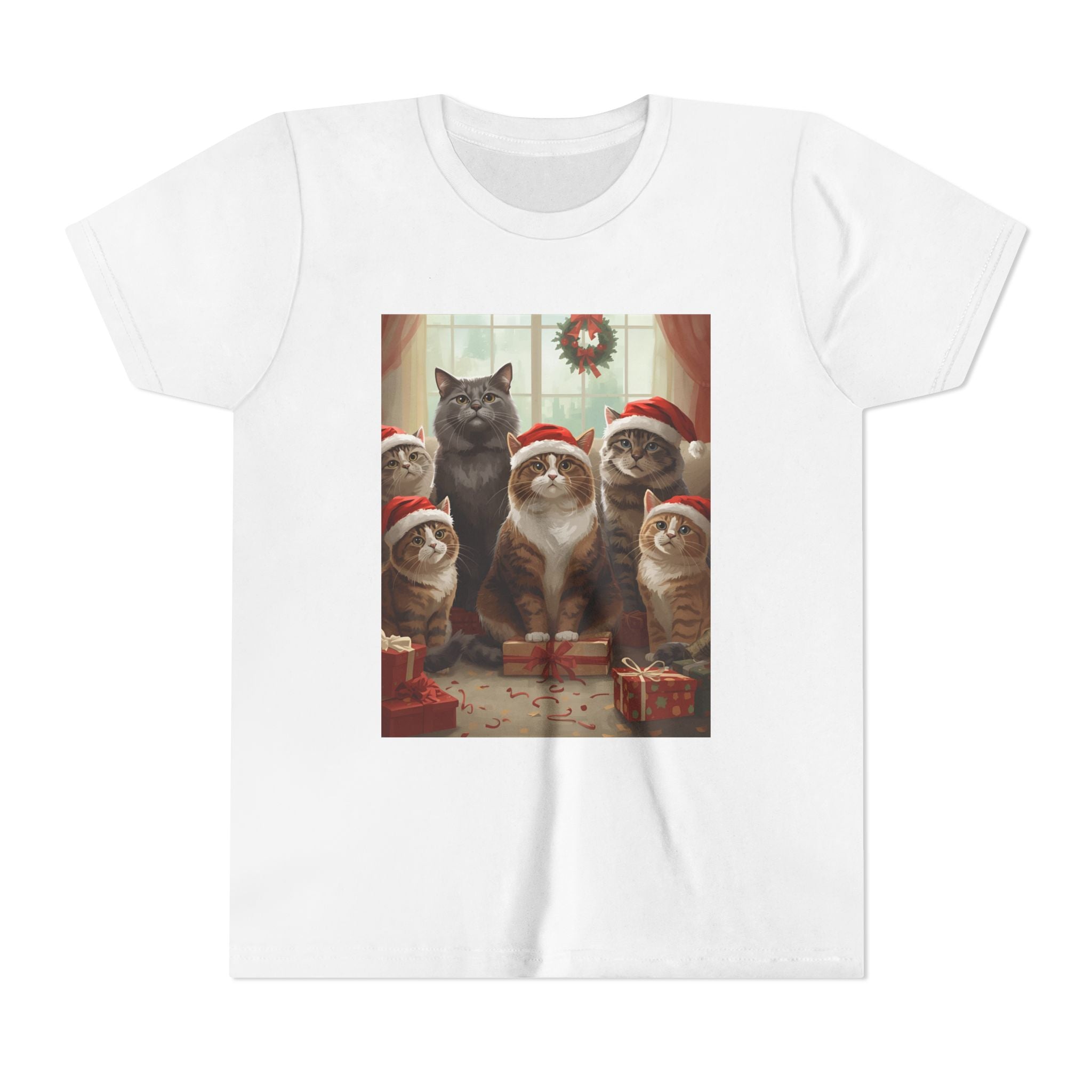 Cute Festive Christmas Cat Youth Short Sleeve Tee