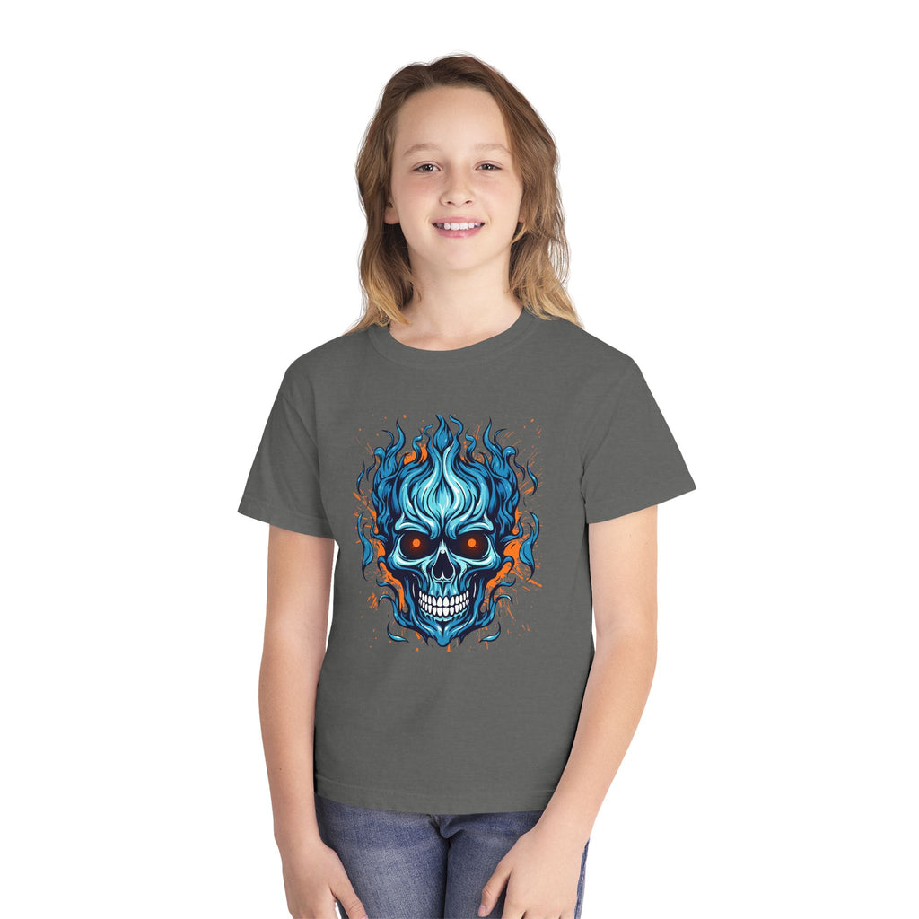 Skull Flame Youth Graphic Skull Tee, Cool Teen Fashion, Edgy Summer Wear, Halloween Costume, Unique Gift for Kids, Casual Everyday Style