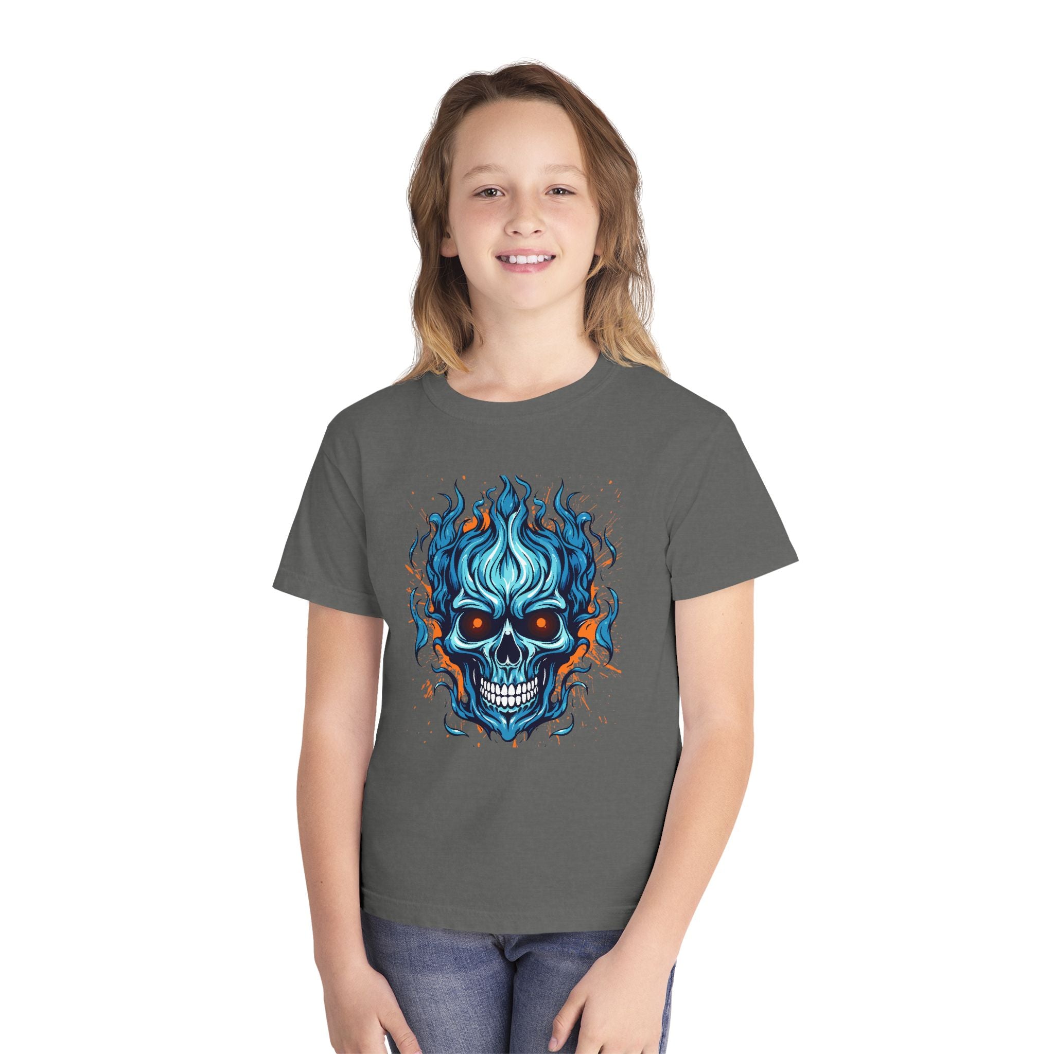 Skull Flame Youth Graphic Skull Tee, Cool Teen Fashion, Edgy Summer Wear, Halloween Costume, Unique Gift for Kids, Casual Everyday Style