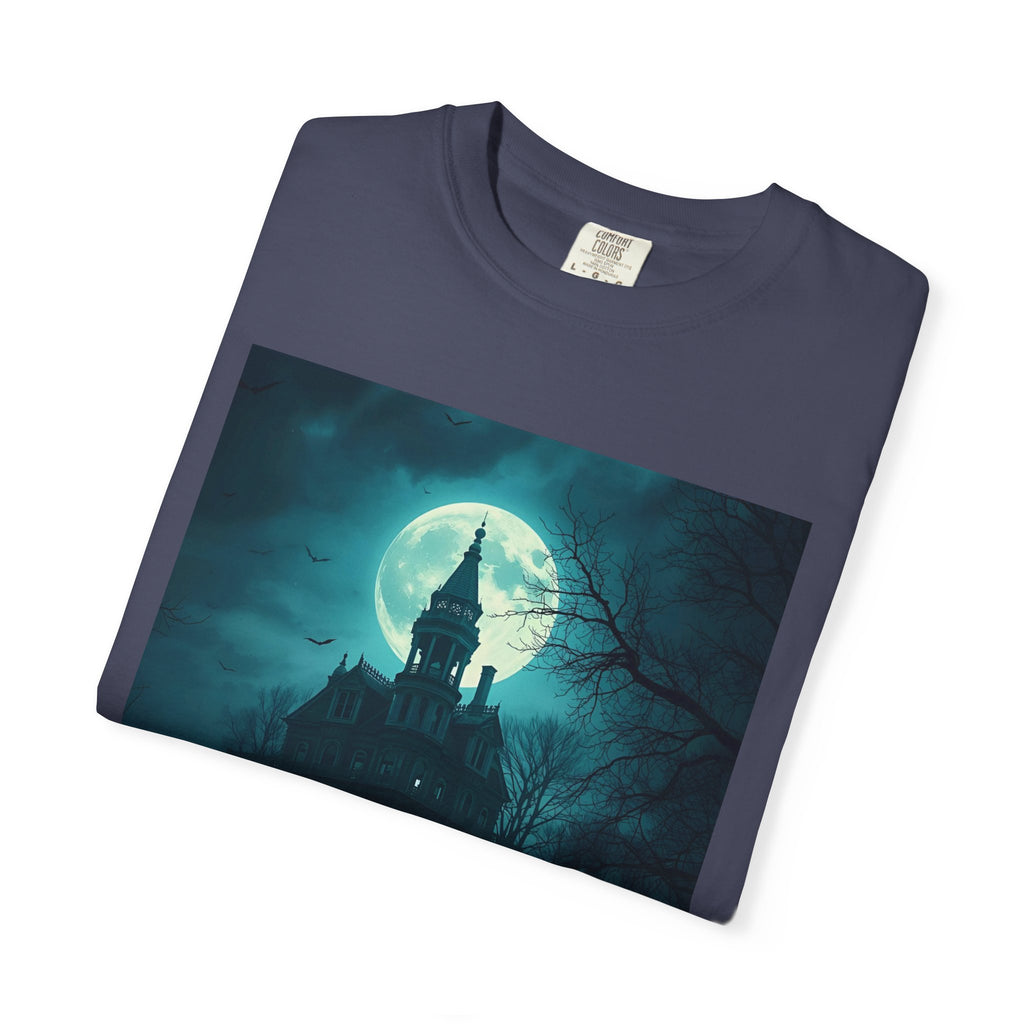 Haunted Moonlight Spooky Castle Graphic Tee | Unisex Garment-Dyed T-shirt, Halloween Shirt, Graphic Tee, Casual Wear, Gift for Ghost Lovers