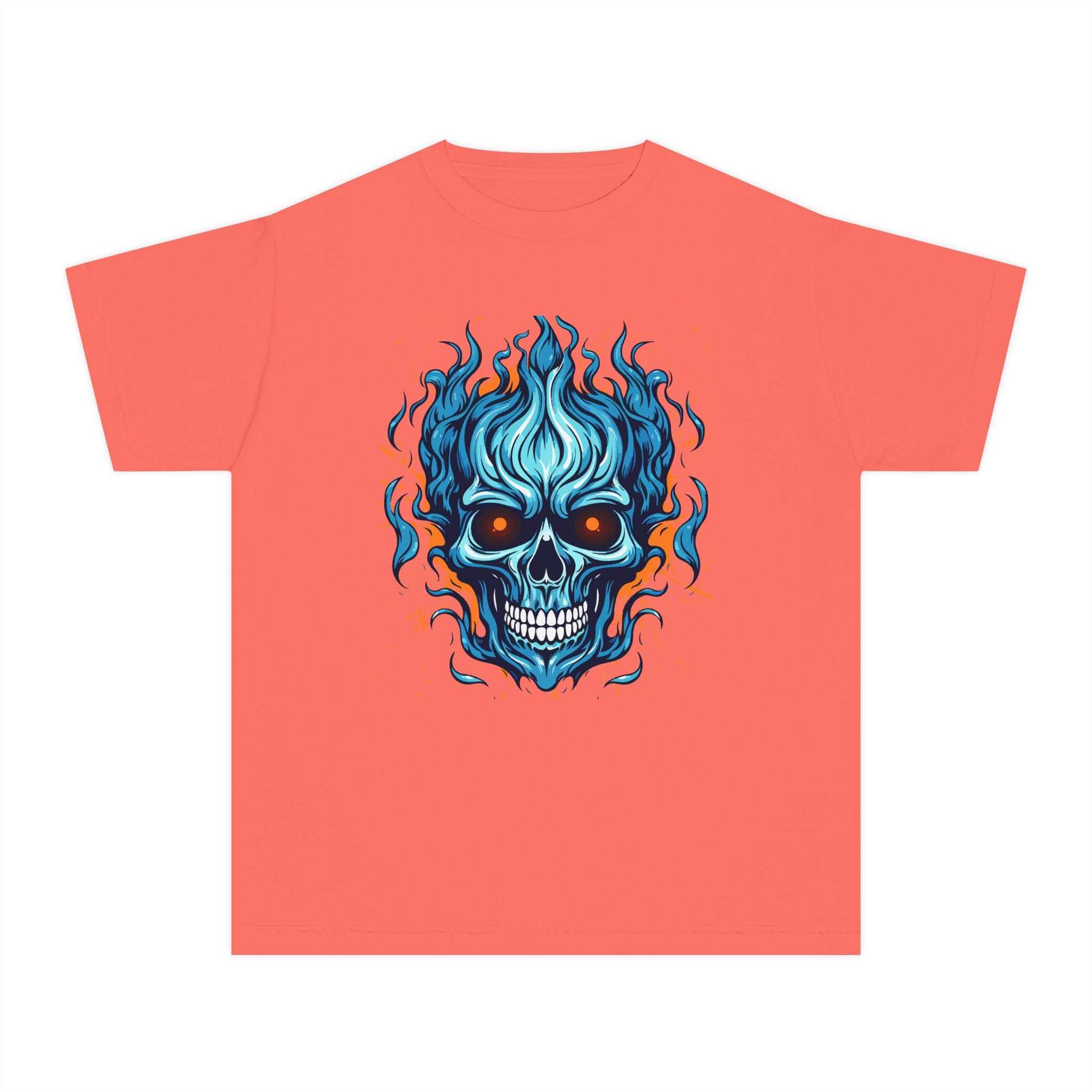 Skull Flame Youth Graphic Skull Tee, Cool Teen Fashion, Edgy Summer Wear, Halloween Costume, Unique Gift for Kids, Casual Everyday Style