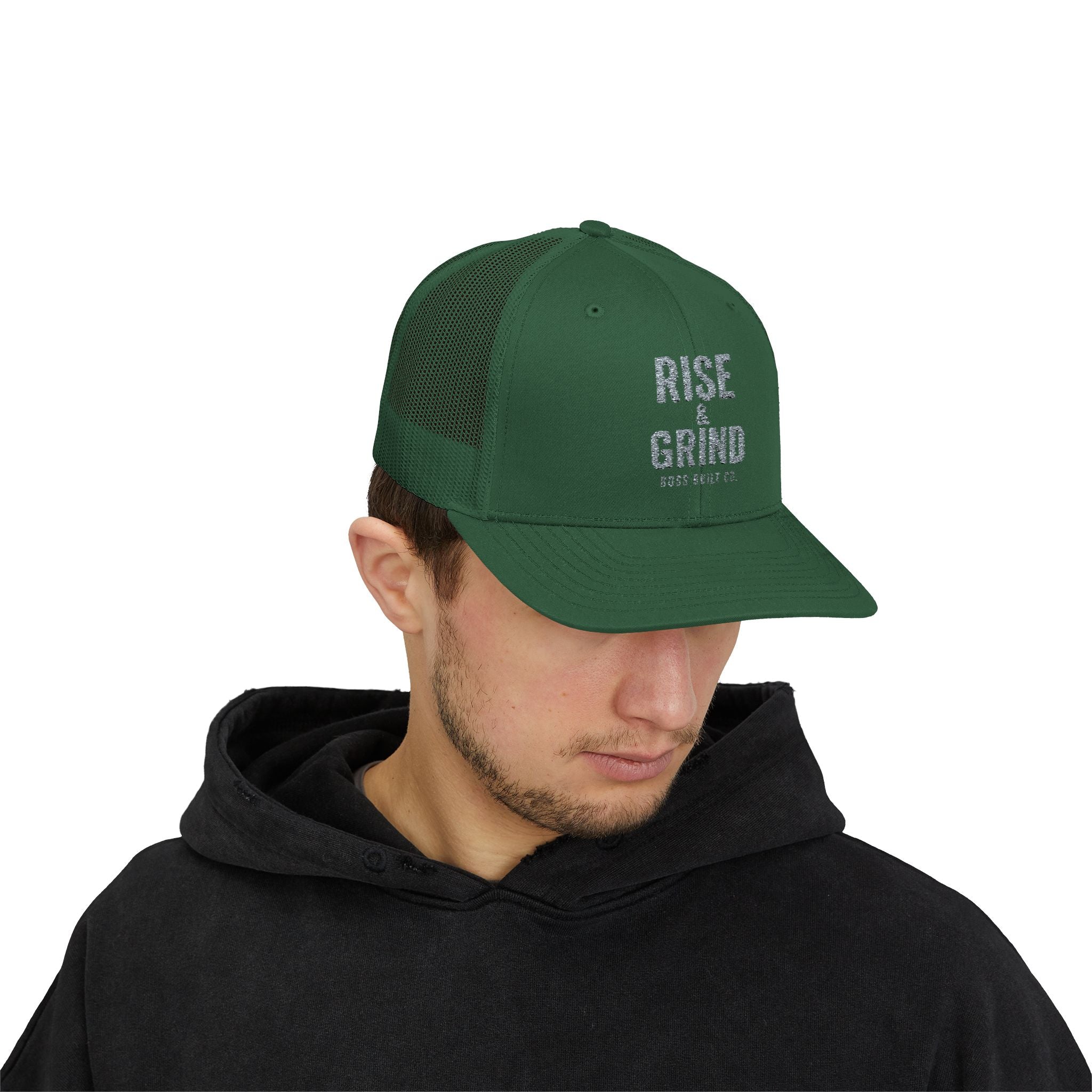 Boss Built Co Rise & Grind Snapback Trucker Cap — Motivational Embroidered Hat