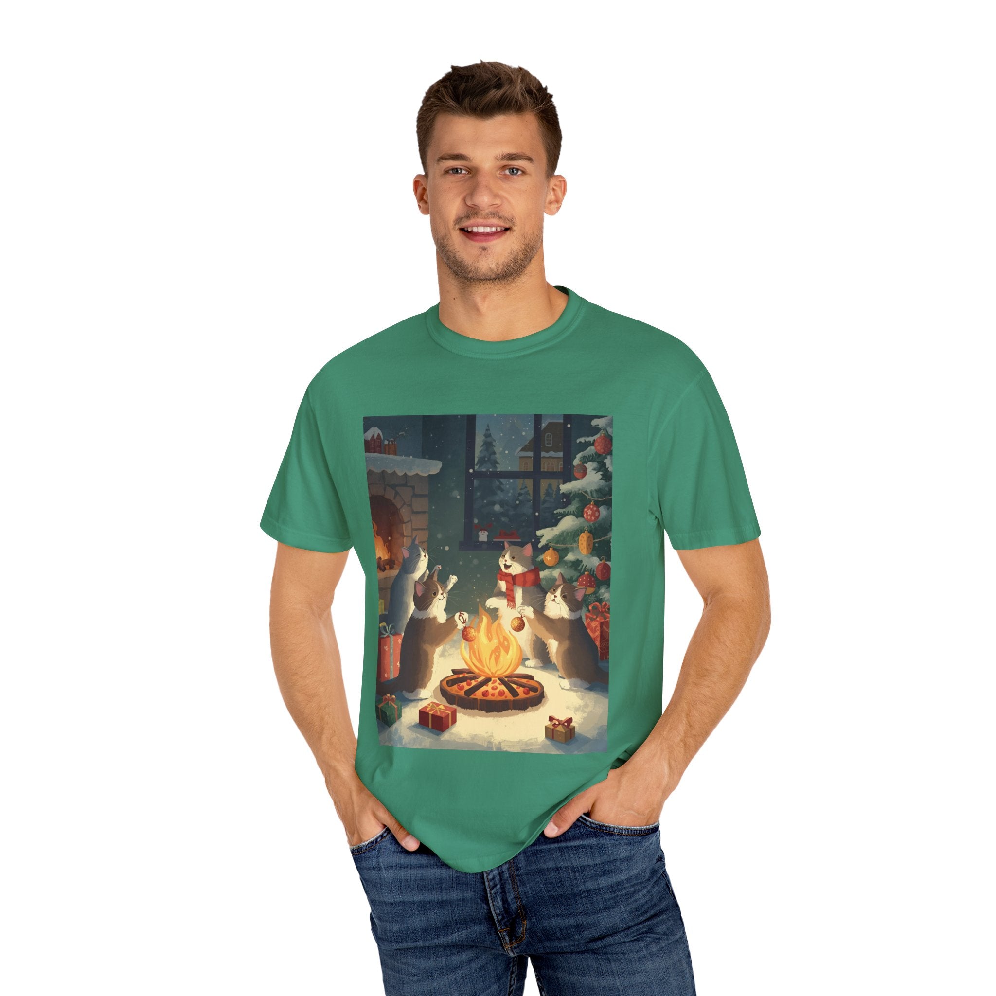 Cozy Winter Cat T-shirt, Unisex Garment-Dyed Shirt, Holiday Gift, Christmas Apparel, Cat Lover Tee, Festive Casual Wear