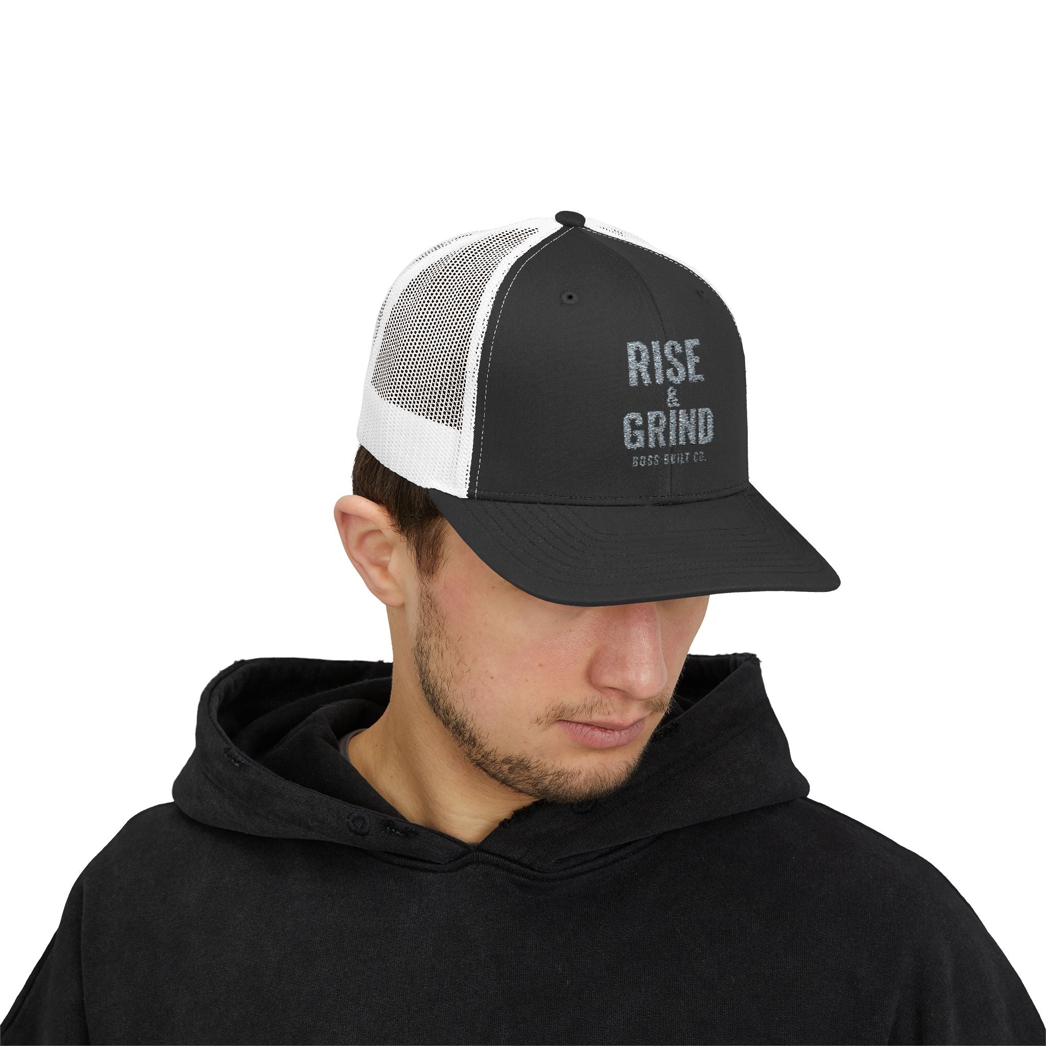 Boss Built Co Rise & Grind Snapback Trucker Cap — Motivational Embroidered Hat