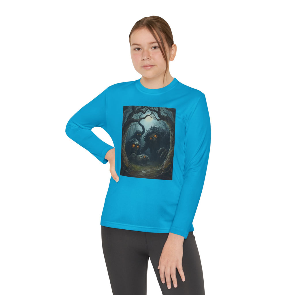 Spooky Forest Creatures Youth Long Sleeve Tee with Enchanted Forest Design, Comfortable Unisex T-Shirt for All Seasons, Perfect for Halloween and Nature Lovers