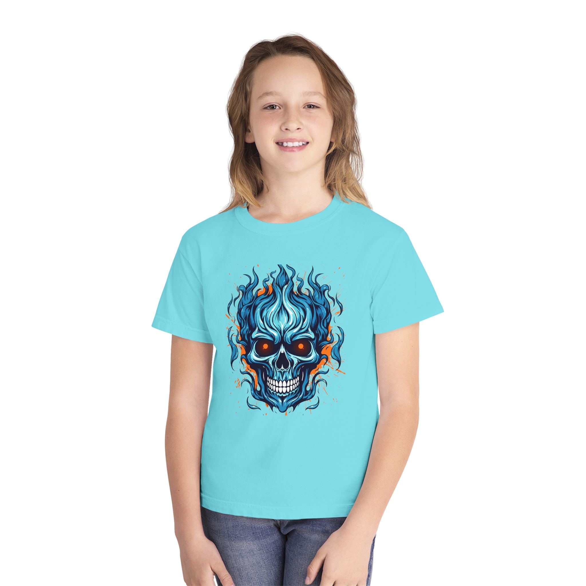 Skull Flame Youth Graphic Skull Tee, Cool Teen Fashion, Edgy Summer Wear, Halloween Costume, Unique Gift for Kids, Casual Everyday Style