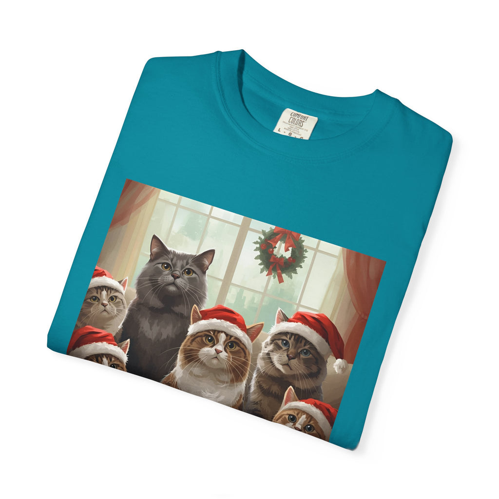 Cute Festive Funny Christmas Cat T-Shirt, Holiday Gift for Cat Lovers, Cute Tee for Winter, Unisex Garment-Dyed Shirt, Christmas Apparel, Festive Outfit