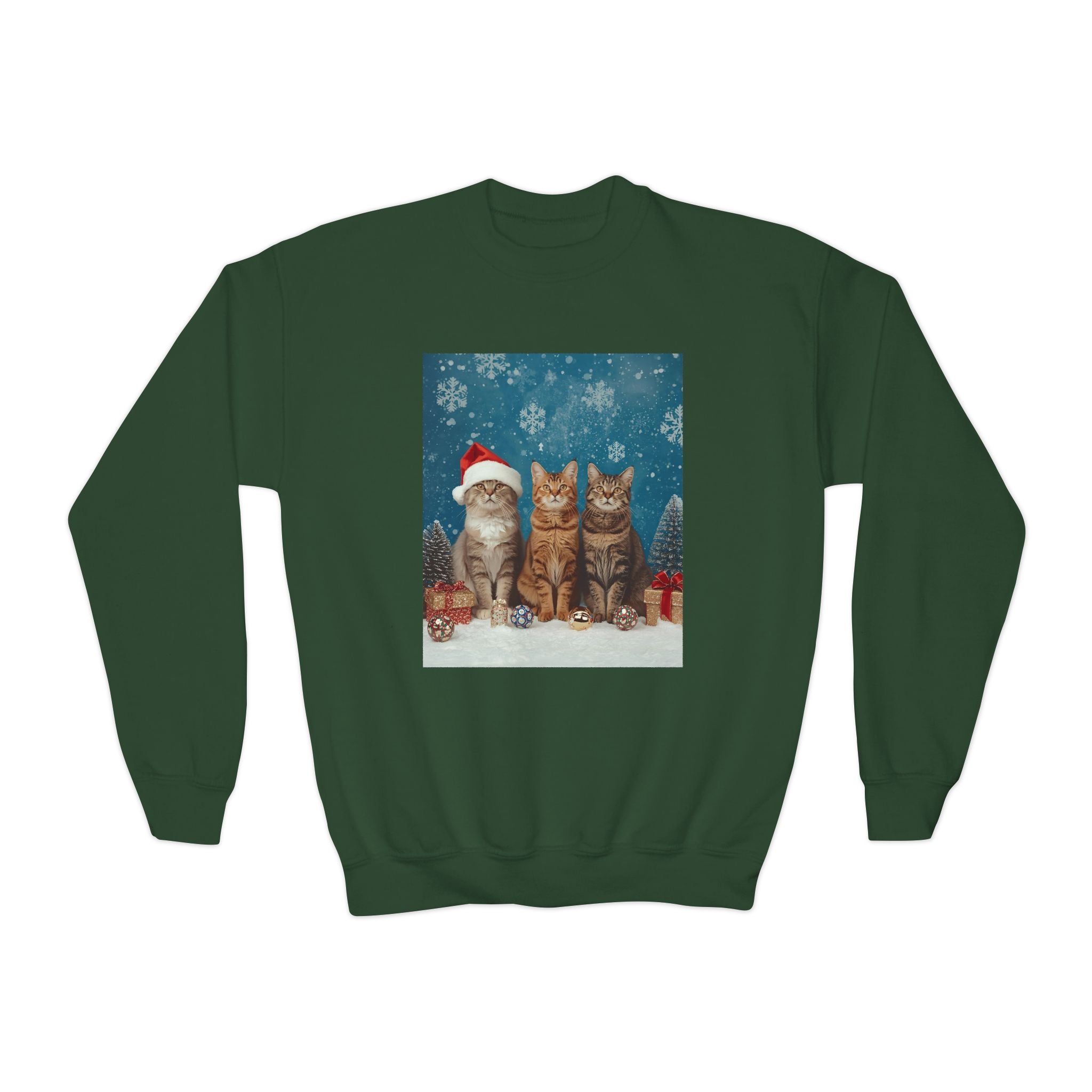Cute Cat Festive Christmas Youth Crewneck Sweatshirt