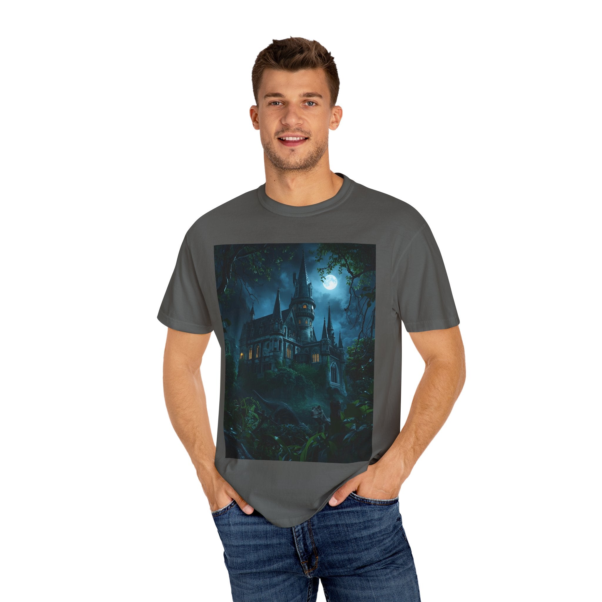 Mystical Night Scene Castle T-Shirt, Spooky Tees, Halloween Apparel, Gothic Style Shirt, Unisex Shirt, Nighttime Scene Tee