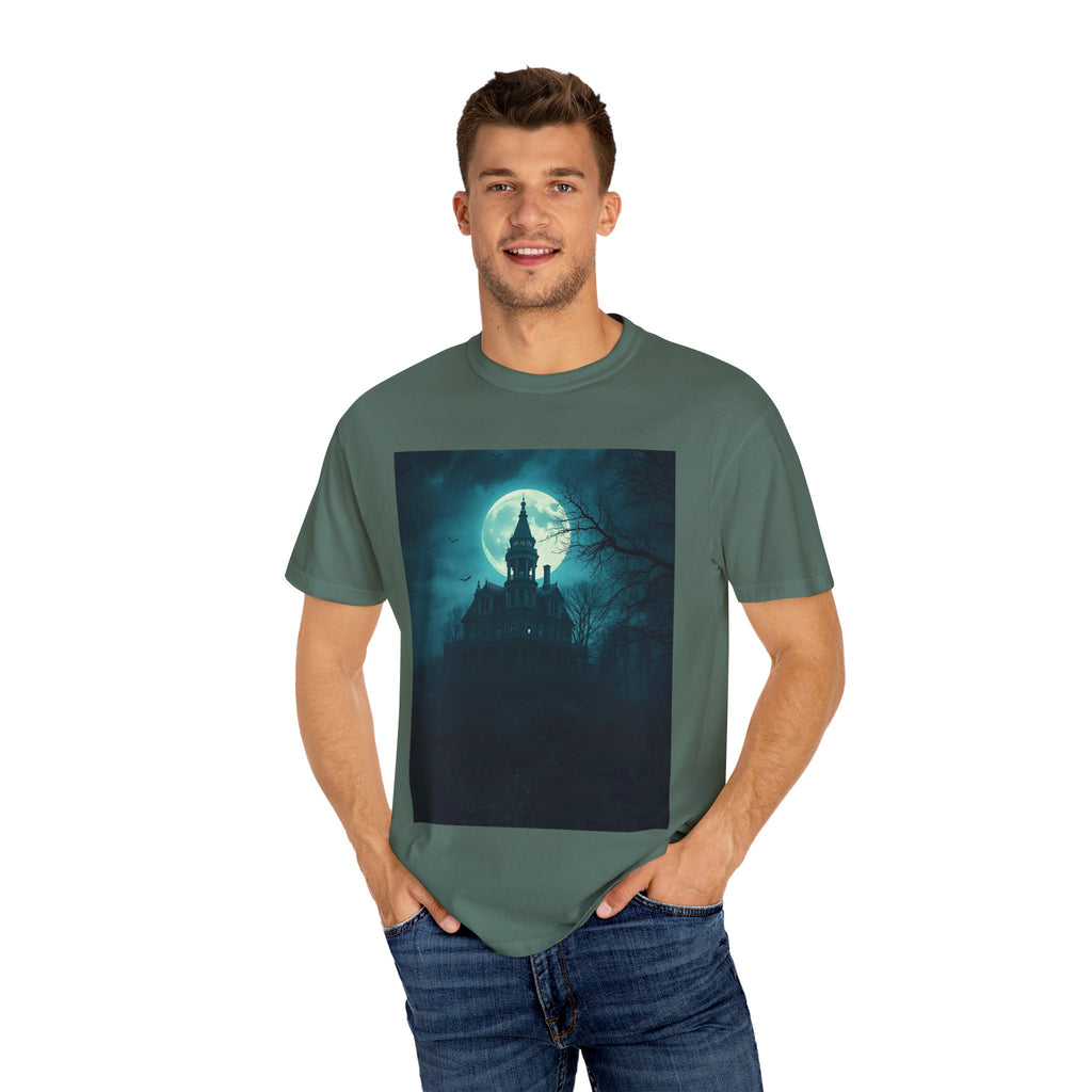 Haunted Moonlight Spooky Castle Graphic Tee | Unisex Garment-Dyed T-shirt, Halloween Shirt, Graphic Tee, Casual Wear, Gift for Ghost Lovers