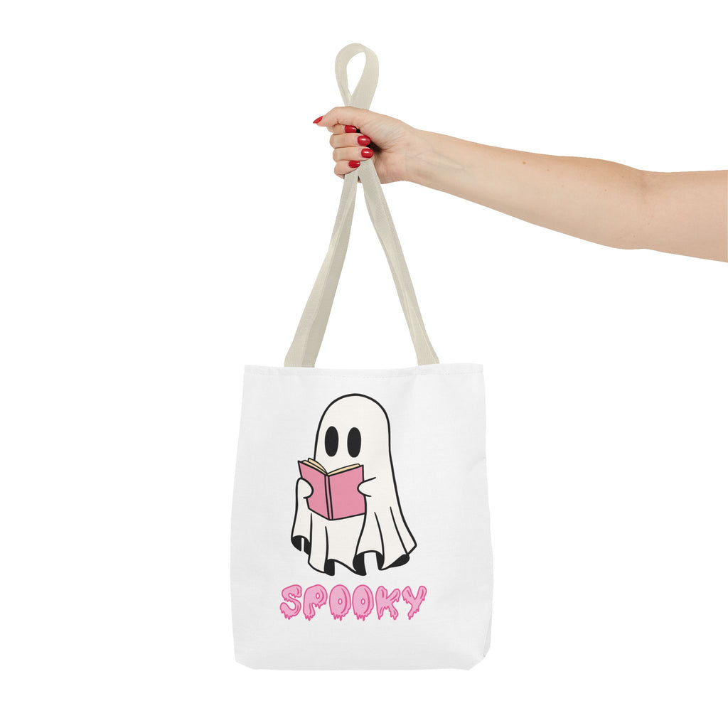 Spooky Ghost Reading Tote Bag | Halloween Accessory, Cute Book Lover Gift, Eco-Friendly, Shopping Bag, AOP Design