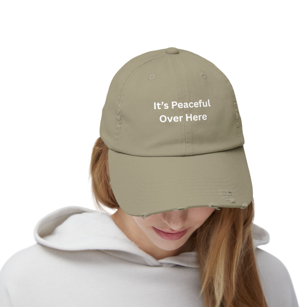 Unisex Distressed Cap with "It's Peaceful Over Here" - Casual Everyday Hat, Relaxation Gift, Trendy Accessory, Outdoor Wear, Fashion [...]