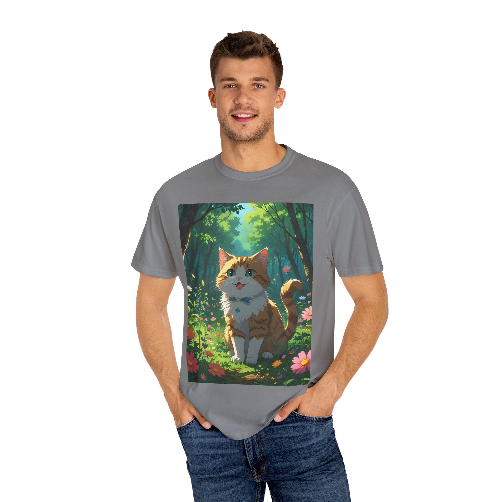 Whimsical Cat In Forest T-Shirt | Nature Lover Gift, Cute Pet Shirt, Animal Art Tee, Summer Outfit, Eco-Friendly Fashion