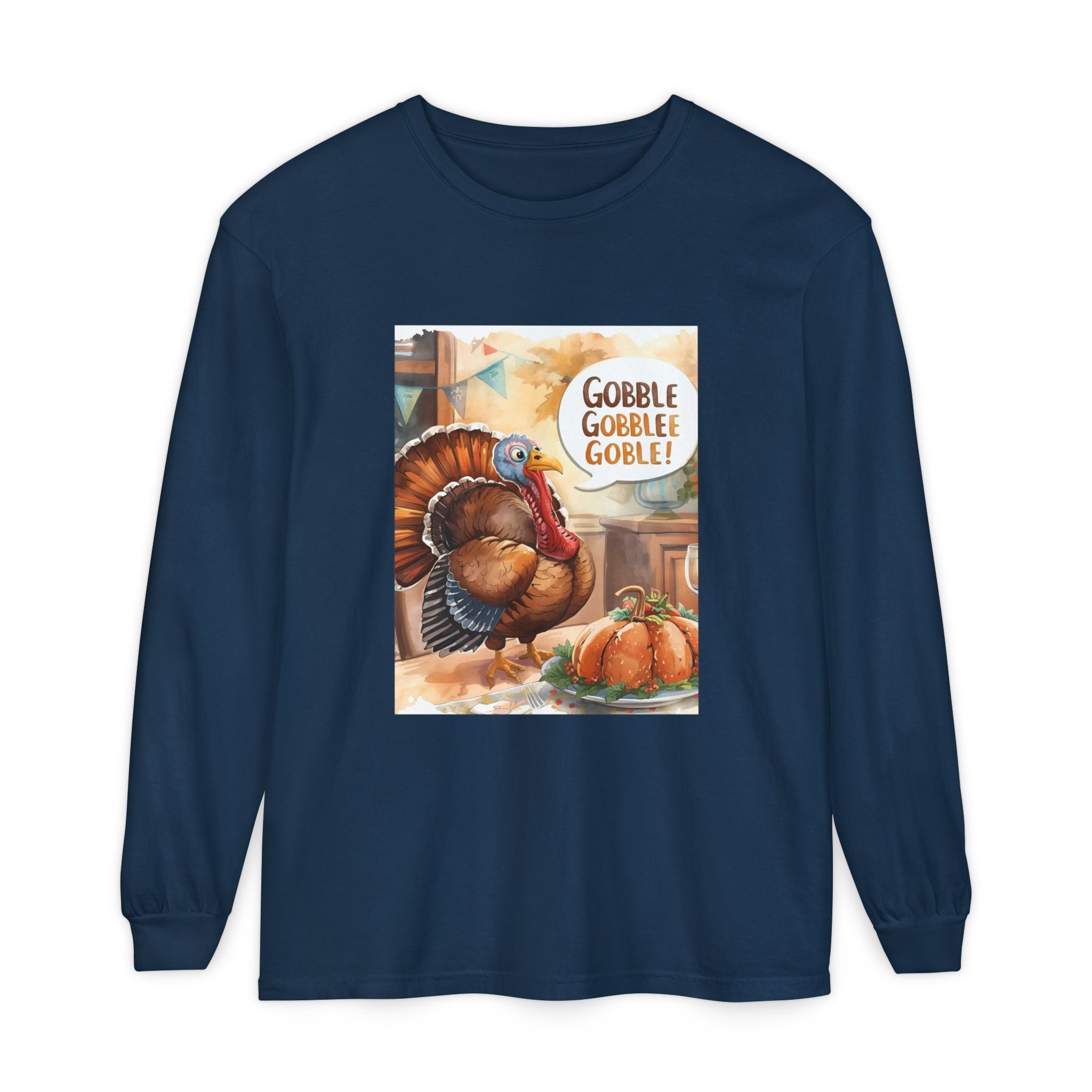 Thanksgiving Long Sleeve T-Shirt with Turkey Design, Fall Apparel, Holiday Gift, Family Gathering Shirt, Gobble Gobble Tee