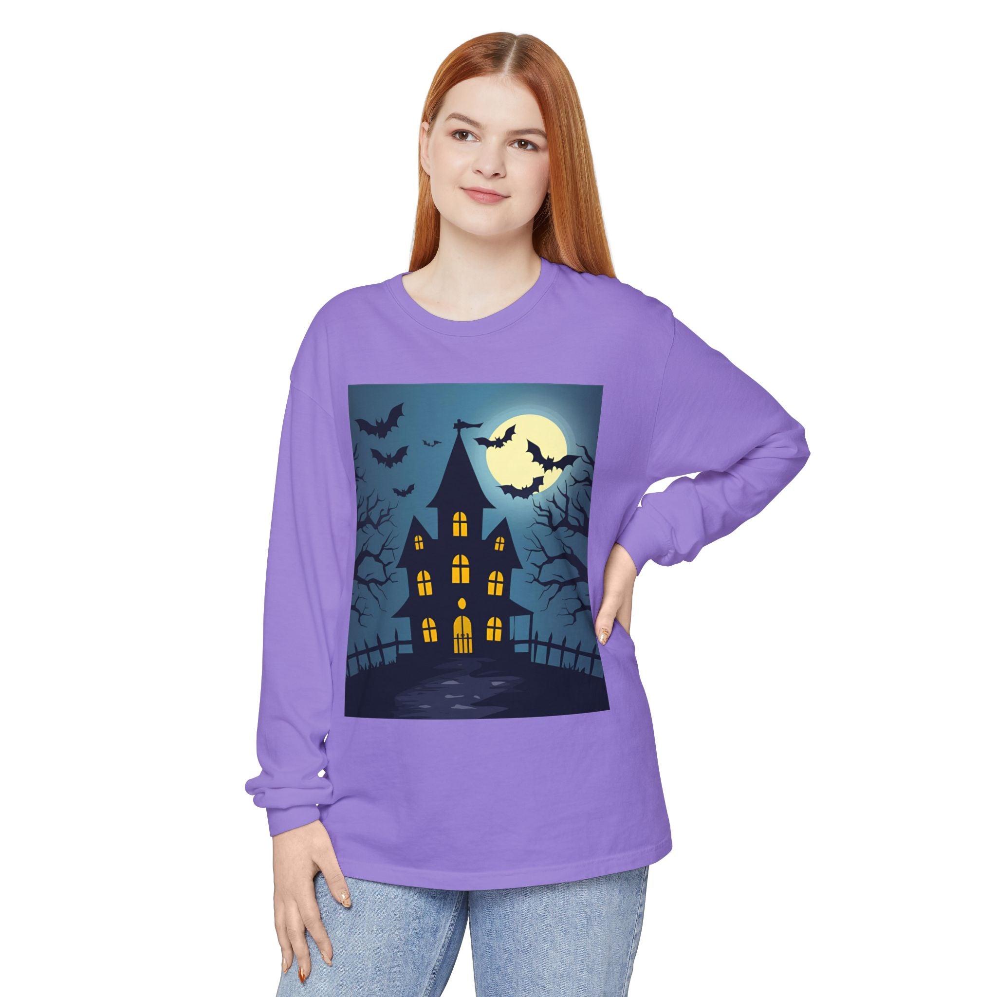 Haunted House Long Sleeve T-Shirt | Halloween Apparel, Fall Fashion, Spooky Shirt, Unisex Tee, Ghostly Vibes