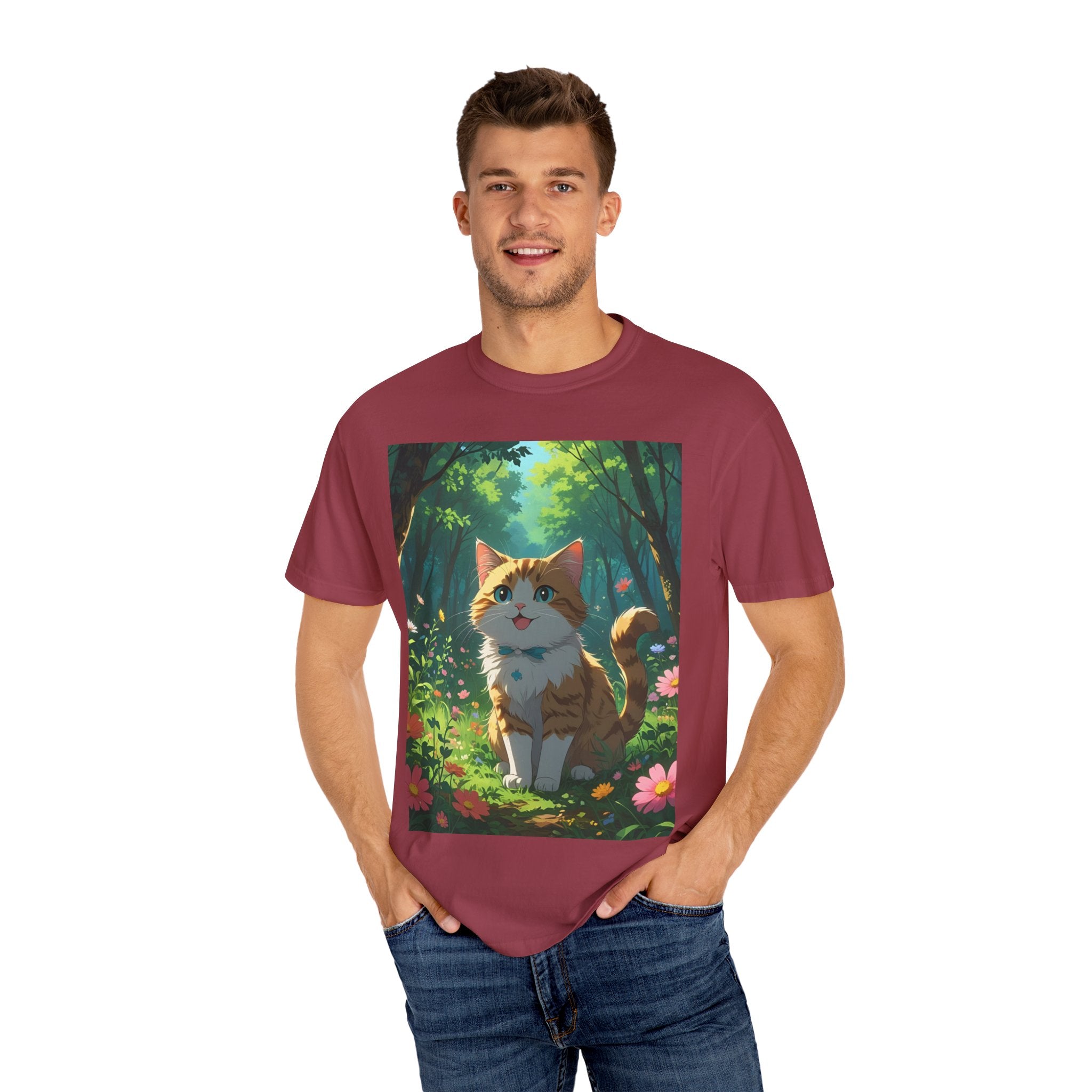 Whimsical Cat In Forest T-Shirt | Nature Lover Gift, Cute Pet Shirt, Animal Art Tee, Summer Outfit, Eco-Friendly Fashion