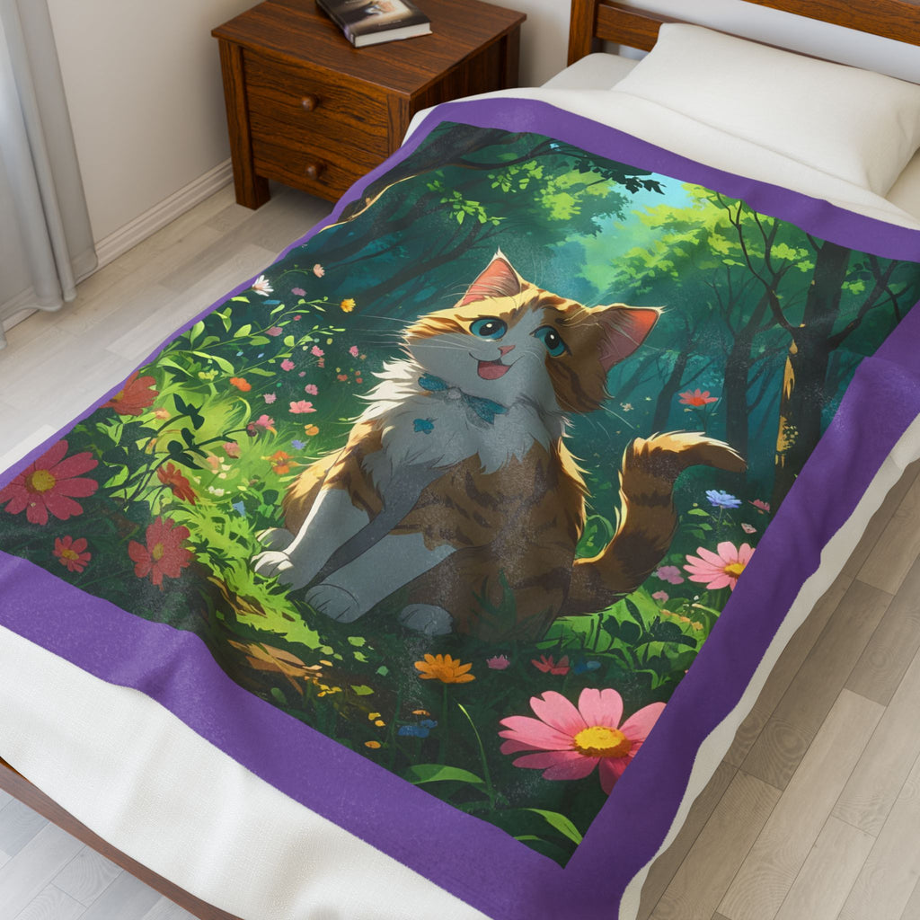 Cute Cat In Forest Velveteen Plush Blanket