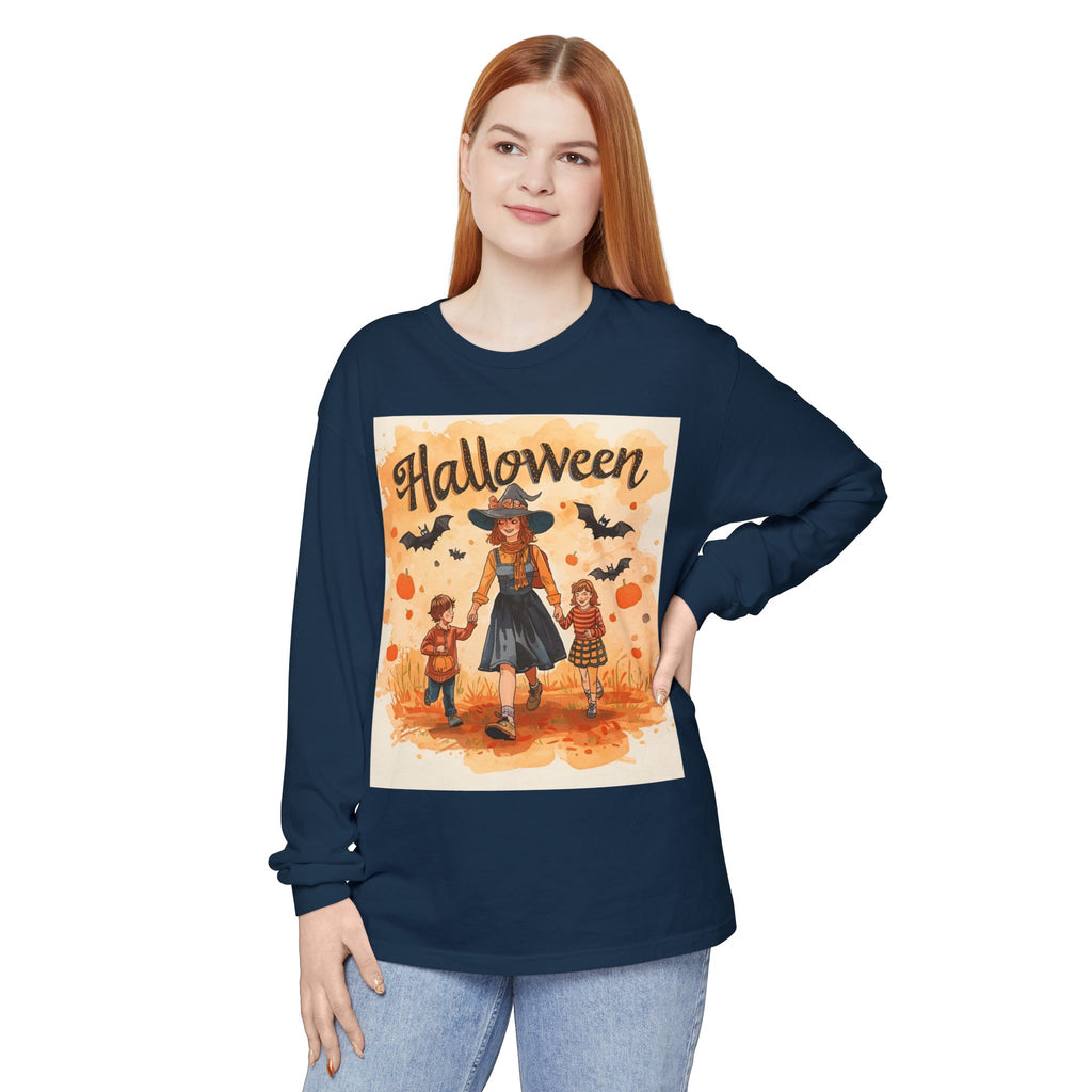 Halloween Themed Mom And Children Unisex Garment-dyed Long Sleeve T-Shirt