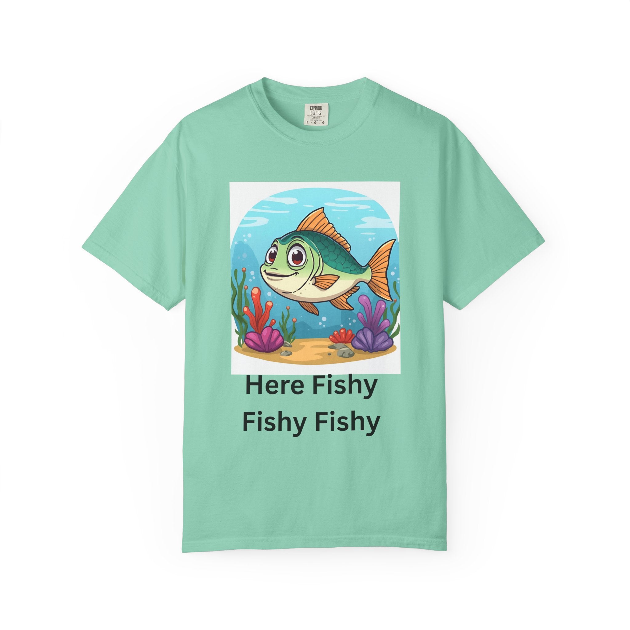 Here Fishy Fishy Fishy Colorful Fish-Themed Unisex T-Shirt, Fun Graphic Tee for Kids and Adults, Perfect for Summer, Fishing Trips, and Gift Giving