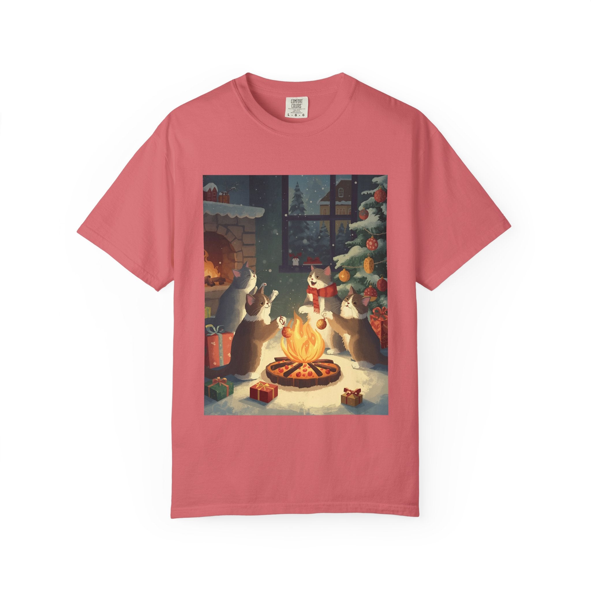 Cozy Cat Campfire T-shirt, Unisex Garment-Dyed Tee, Holiday Gift, Cat Lover Gift, Cute Winter T-shirt, Cozy Nightwear, Christmas Shirt